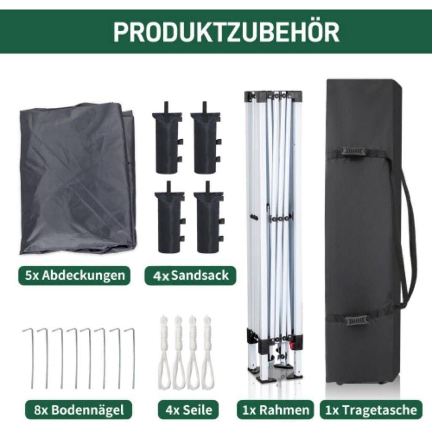 Produktzubehörset mit 5 Abdeckungen, 4 Sandsäcken, 8 Erdnägeln, 4 Seilen, 1 Rahmen und 1 Tragetasche.