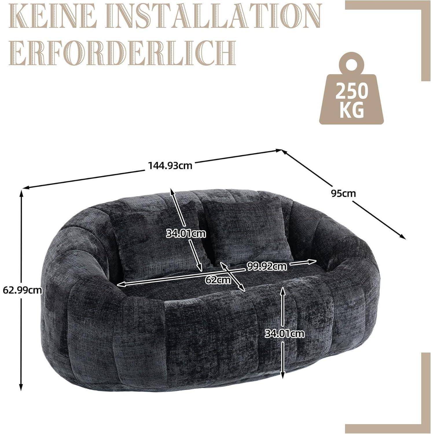 Ovales dunkelgraues Schlafsofa mit angegebenen Abmessungen: 144,93 cm breit, 95 cm tief, 62,99 cm hoch, Sitzfläche 62 cm x 99,92 cm, Tragfähigkeit 250 kg, und Text „KEINE INSTALLATION ERFORDERLICH