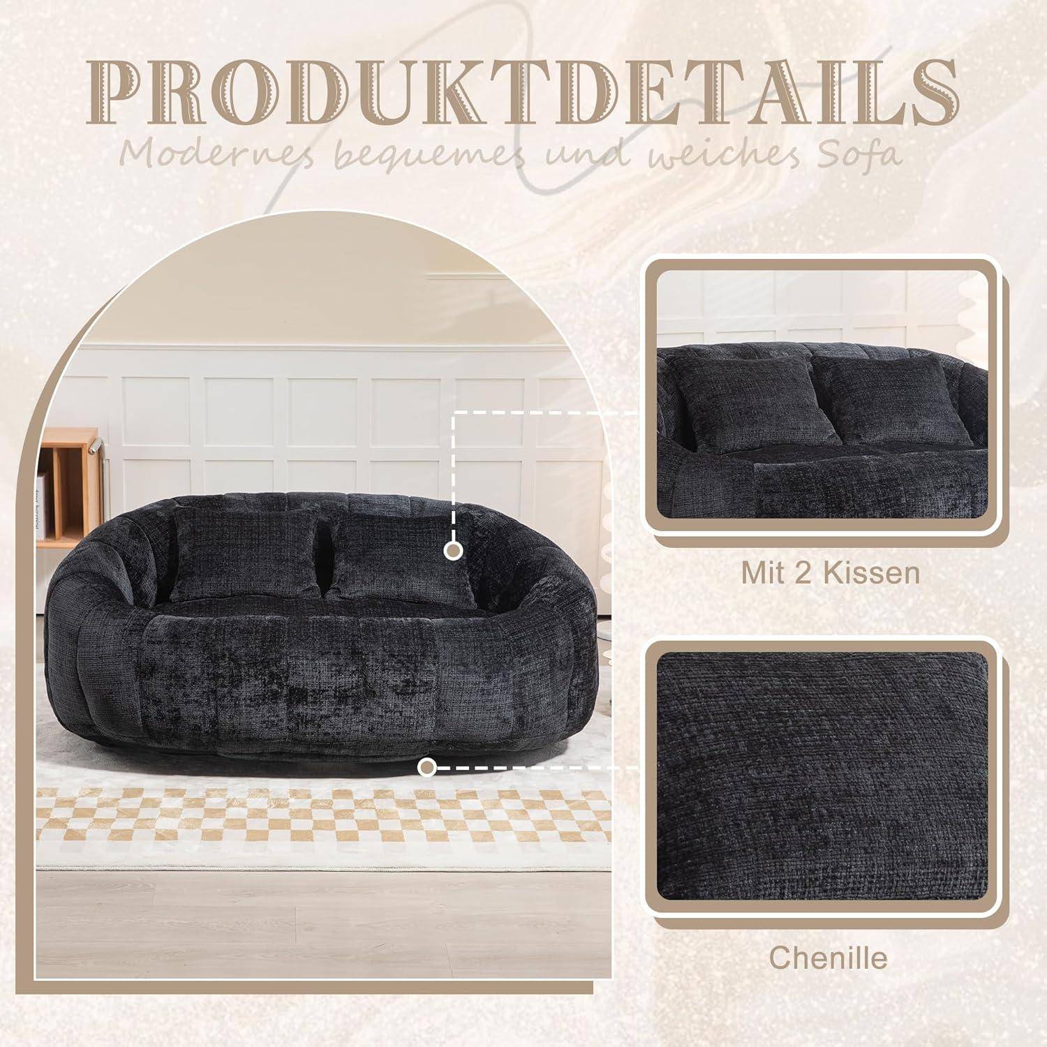 Produktdetails für ein modernes, weiches Sofa: dunkles Chenille-Sofa mit zwei Kissen, gezeigt in Vollansicht und Nahaufnahme der Textur