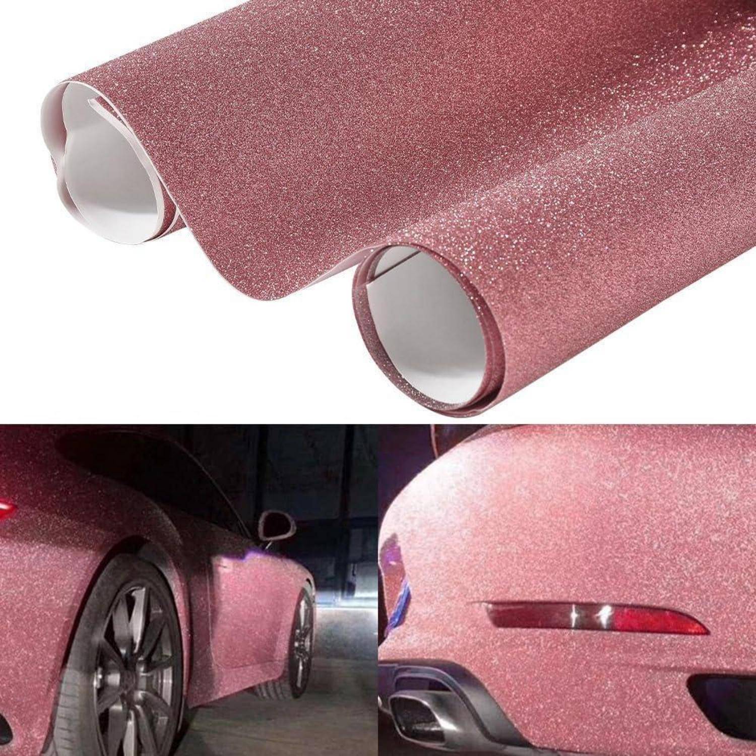 Rosa Glitter-Vinyl-Folie, dargestellt auf einer Rolle und auf ein Auto aufgebracht, wodurch ein funkelndes rosa Finish entsteht.