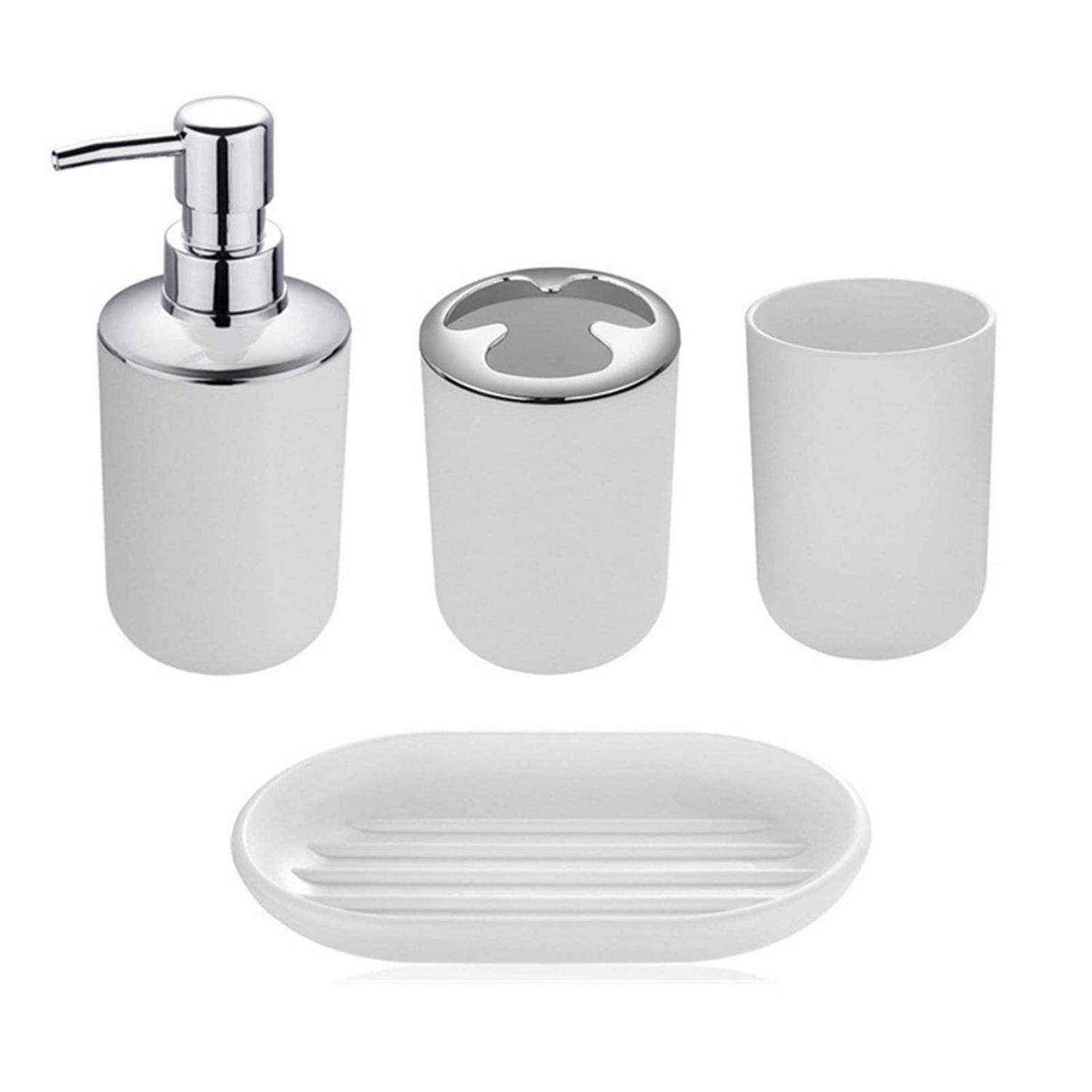 Weiße Badezimmeraccessoires-Set mit Seifenspender, Zahnbürstenhalter, Becher und ovalem Seifenset auf einfachem Hintergrund.