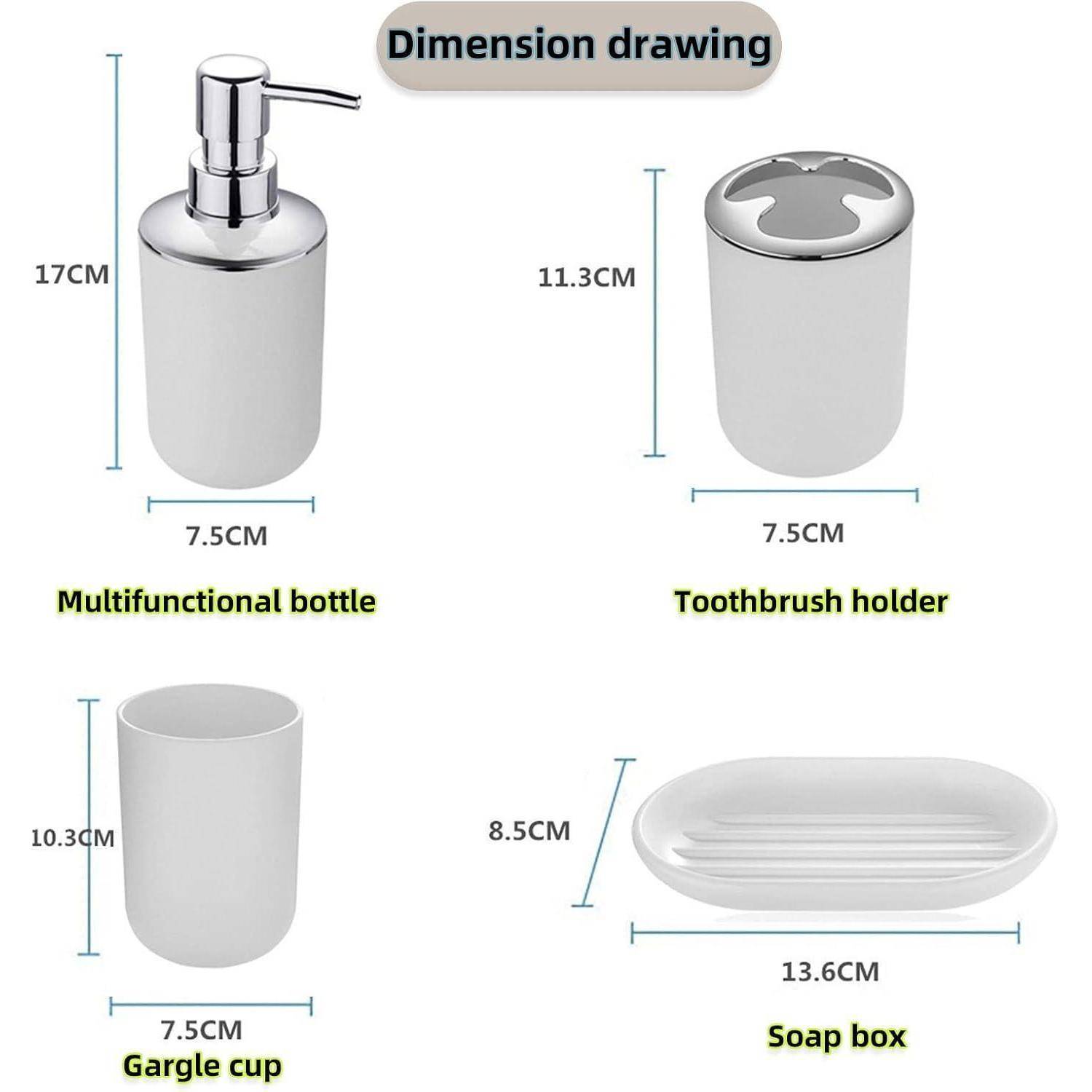 Maßzeichnung mit vier Badezimmeraccessoires und Größenangaben: Multifunktionale Flasche 17 cm hoch x 7,5 cm breit, Zahnbürstenhalter 11,3 cm x 7,5 cm, Gurgeltasse 10,3 cm x 7,5 cm und Seifenbox 8,5 cm x 13,6 cm.