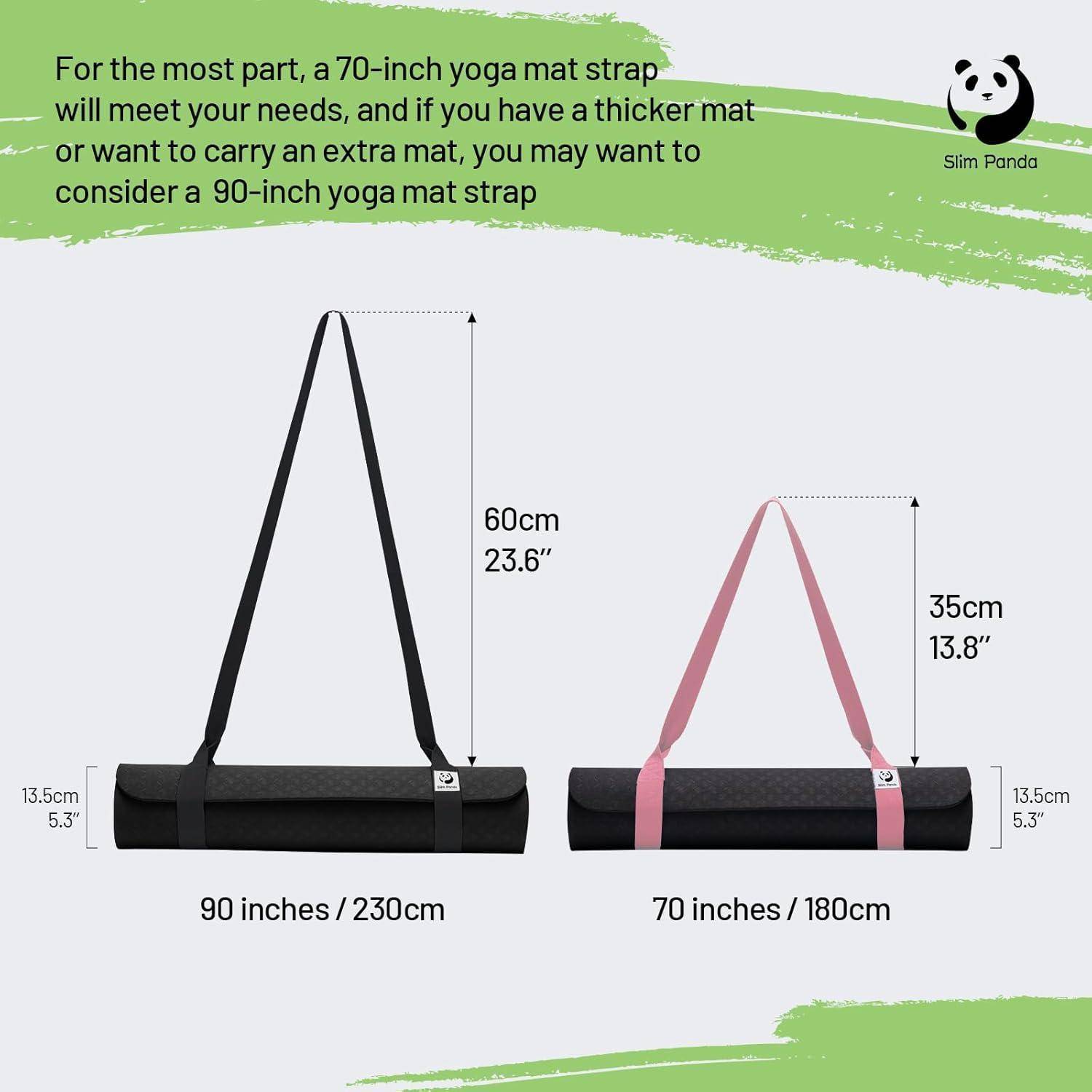 Infografik zum Vergleich von Yogamatte-Trägern: Der 90-Zoll-Träger passt für dickere oder Extra-Matten; der 70-Zoll-Träger ist kürzer. Taschenhöhe bei 90-Zoll 60cm, bei 70-Zoll 35cm.