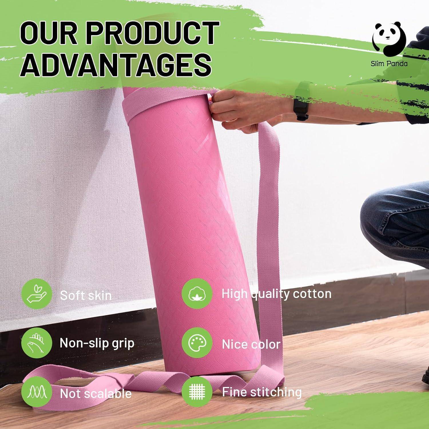 Werbebild einer rosa Yogamatte, die ausgerollt wird, mit dem Titel „UNSERE PRODUKTVORTEILE
