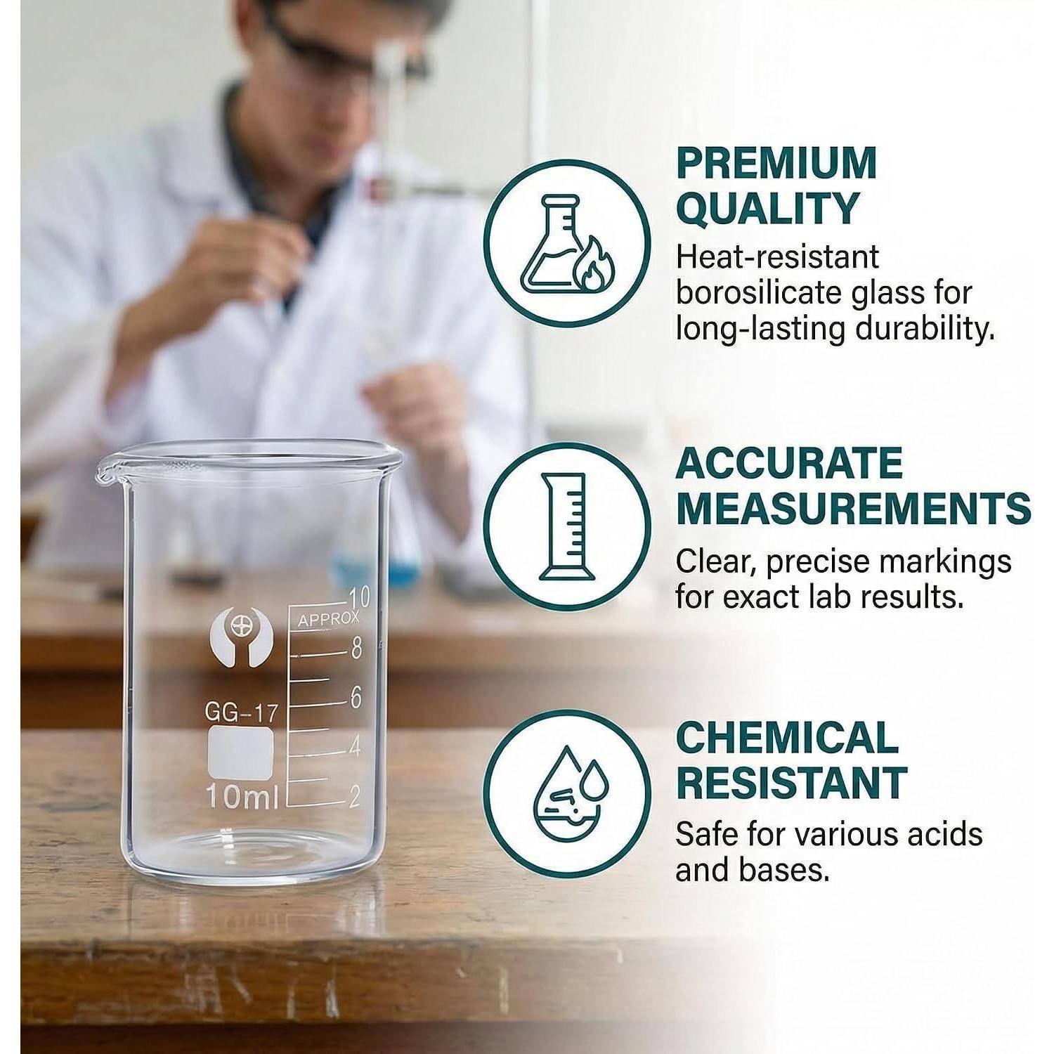 Laborbecher auf einem Tisch mit Werbetexten, die Premiumqualität, genaue Messungen und Chemikalienbeständigkeit hervorheben.