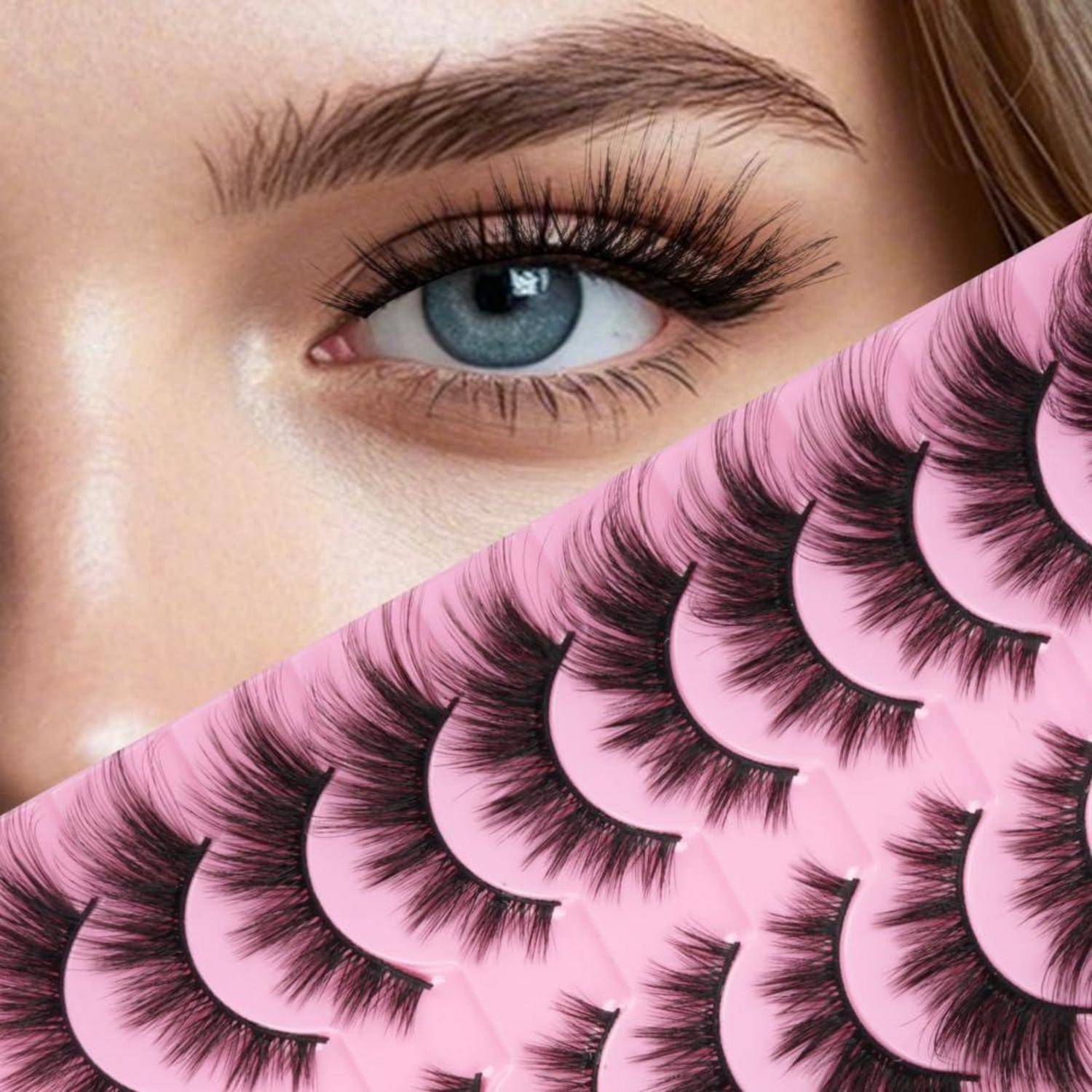 Nahaufnahme eines blauen Auges einer Frau über einer rosa Anzeige von künstlichen Wimpern, die Wimpernschönheitsprodukte andeutet.