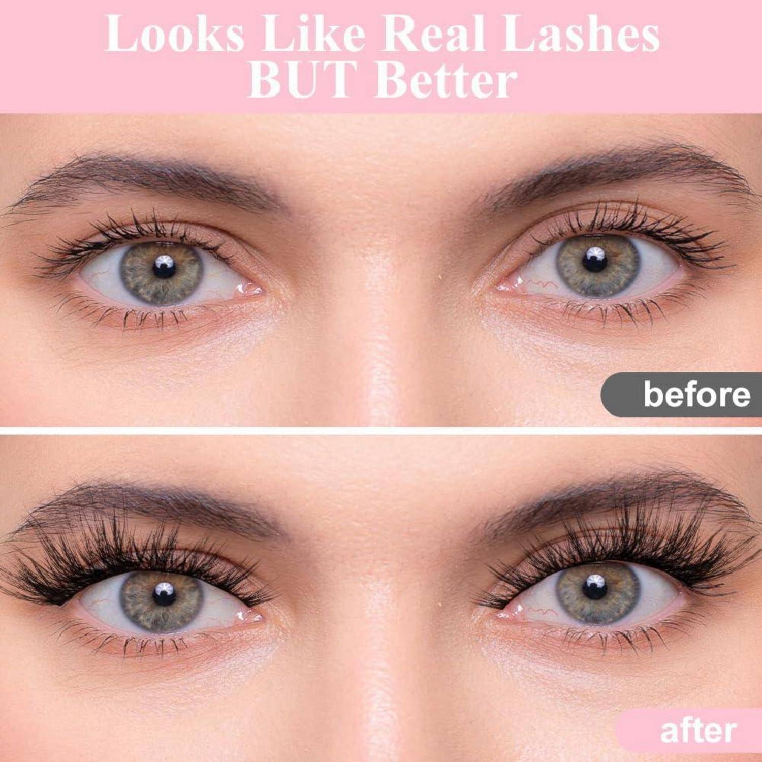 Vorher-und-nachher Nahaufnahme von Augen mit Mascara oder falschen Wimpern, die Wimpern länger und voller wirken lassen, mit dem Text „Sieht aus wie echte Wimpern, ABER besser