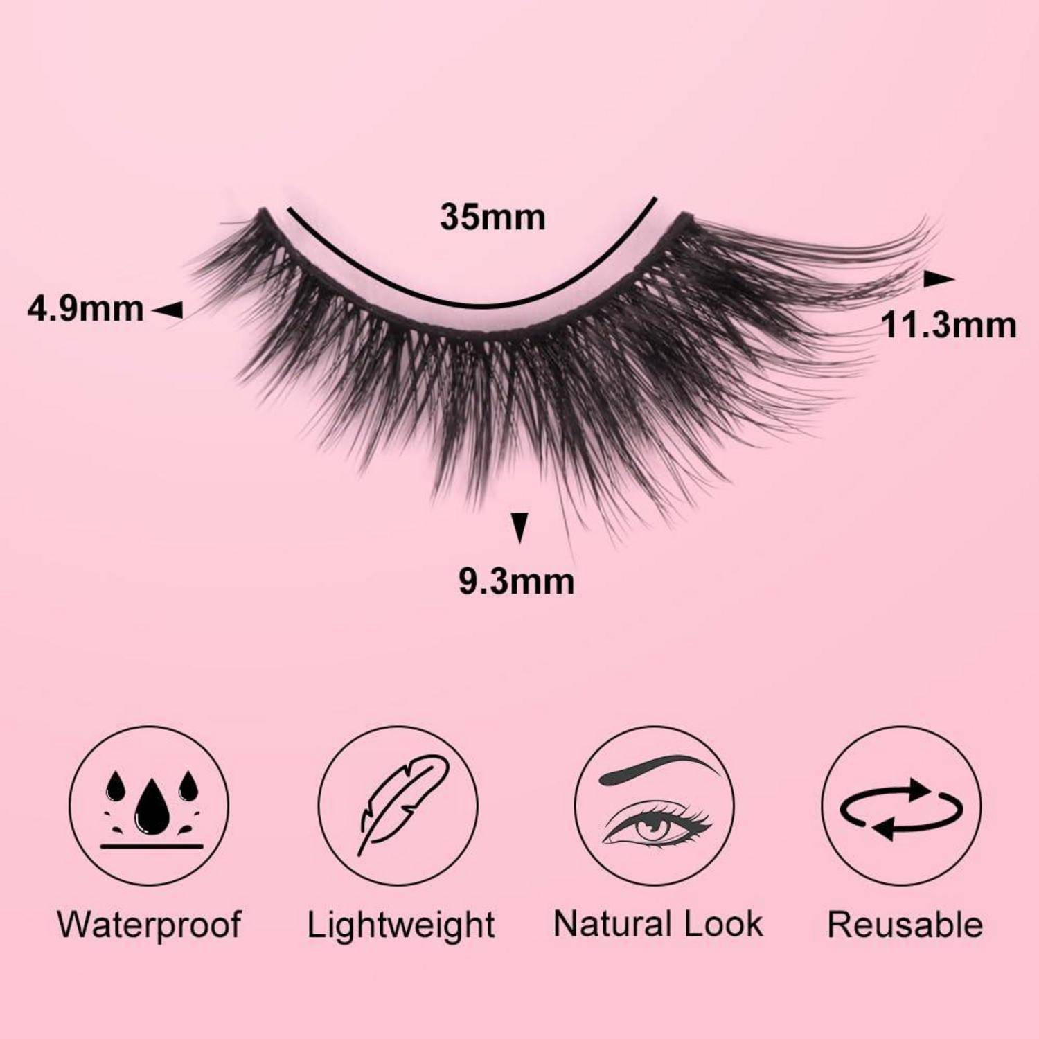 Schwarzer falscher Wimpernstreifen auf rosa Hintergrund mit der Bezeichnung 35 mm Länge, 4,9 mm innere und 11,3 mm äußere Wimpernlänge; Symbole weisen auf wasserfest, leicht, natürliches Aussehen, wiederverwendbar hin.