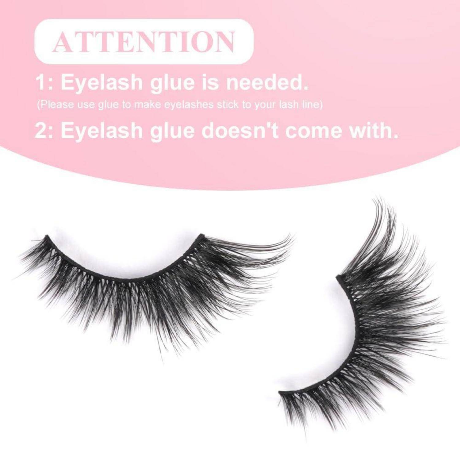 Rosa Notiz besagt, dass Wimpernkleber benötigt wird und nicht enthalten ist, oben zwei schwarze falsche Wimpern auf weißem Hintergrund.