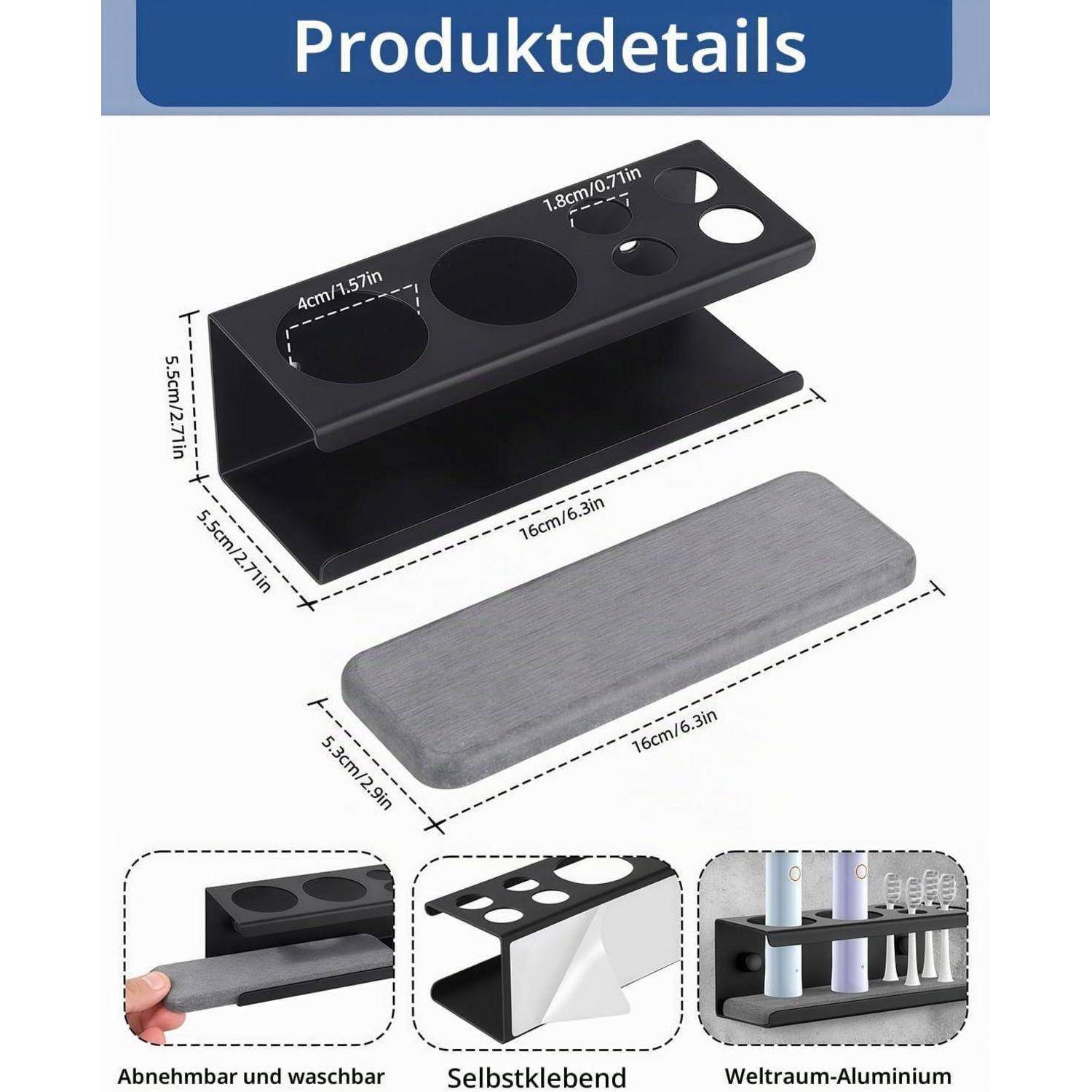 Produktdetails-Bild eines schwarzgrauen Schreibtisch-Organizer-Sets mit abnehmbarem waschbarem Tablett, selbstklebendem Rücken und Aluminiumbefestigung; Abmessungen werden angezeigt.