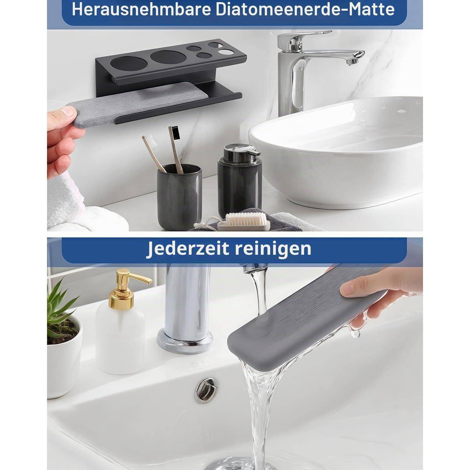 Werbebild einer abnehmbaren Diatomeenerde-Badematte, die aus einem Wandregal genommen und an einem Waschbecken abgespült wird, mit dem Text „Herausnehmbare Diatomeenerde-Matte