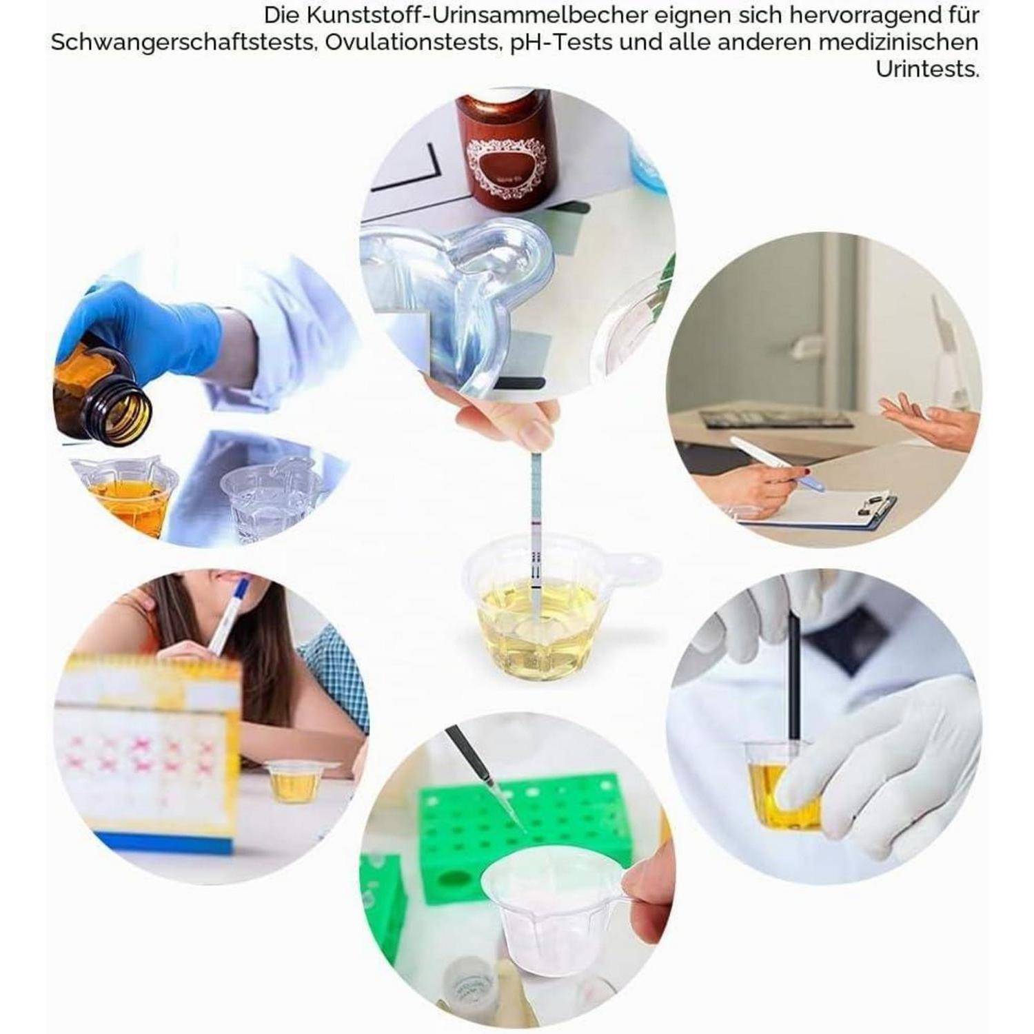 Collage mit Kunststoff-Urinsammelbecher, die für Schwangerschafts-, Ovulations-, pH- und andere medizinische Urintests verwendet werden.
