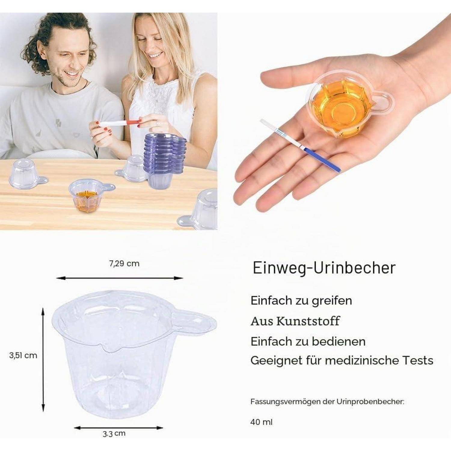 Produktbild eines durchsichtigen Kunststoff-Urinbechers, gezeigt beim Halten und Gebrauch, mit Abmessungen von 7,29 cm Breite, 3,51 cm Höhe, 3,3 cm Bodenfläche und 40 ml Fassungsvermögen.