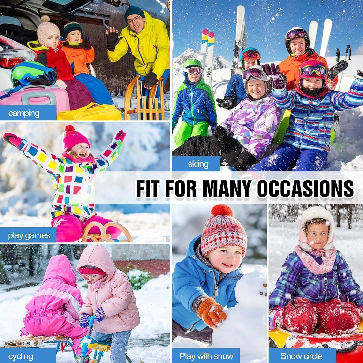 Collage von Kindern in Winterkleidung für viele Aktivitäten: Camping, Skifahren, Spielen, Radfahren und Spielen im Schnee.