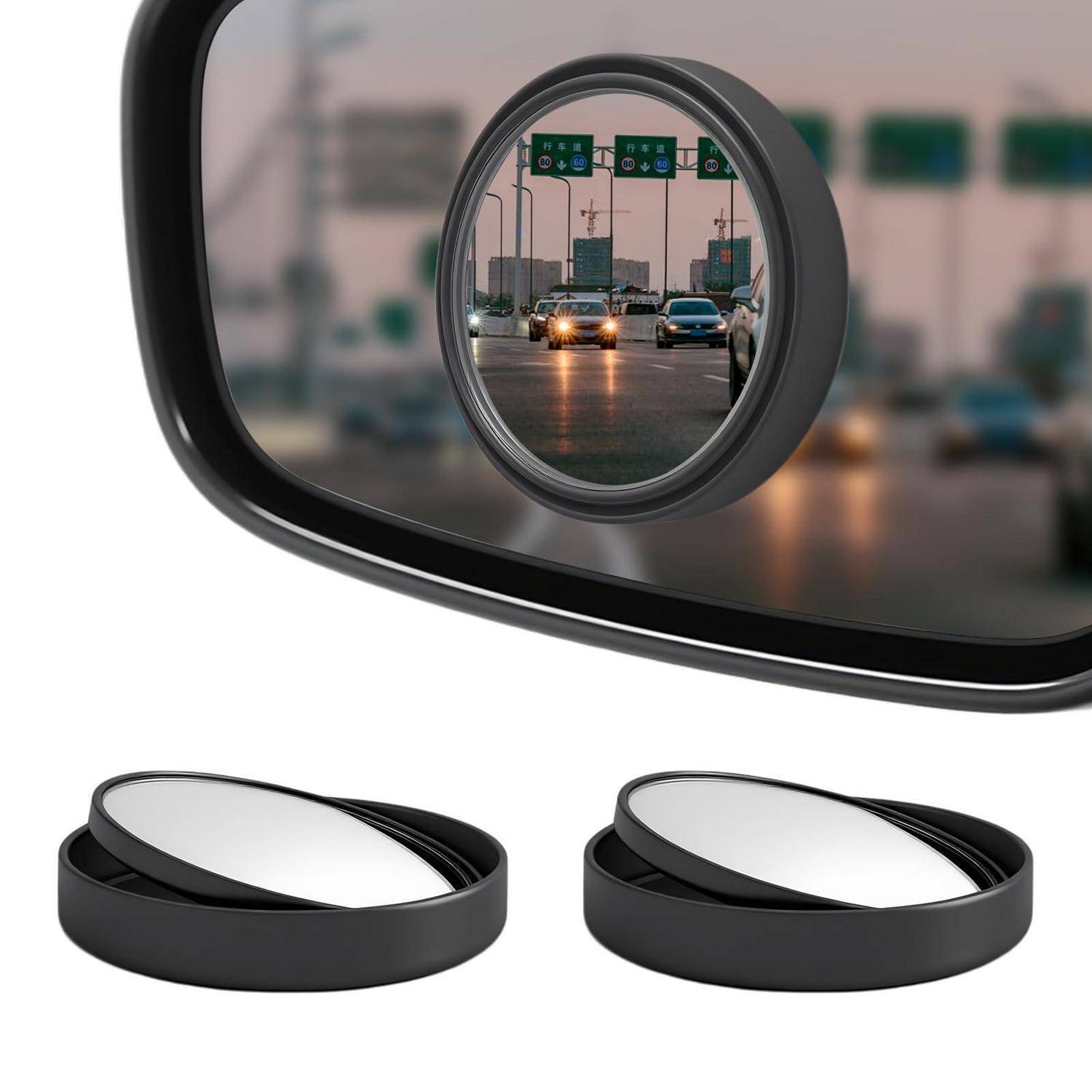Rundes Panoramaspiegeln an einem Außenspiegel eines Autos, das Verkehr von hinten zeigt; zwei zusätzliche Spiegelaufsätze sind darunter abgebildet.