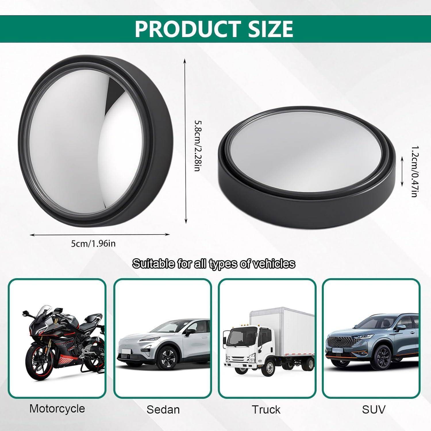 Produktgrößendiagramm für einen runden Fahrzeugspiegel zeigt einen Durchmesser von 5 cm und eine Höhe von 5,8 cm, gekennzeichnet als geeignet für Motorrad, Limousine, Lastkraftwagen und SUV.