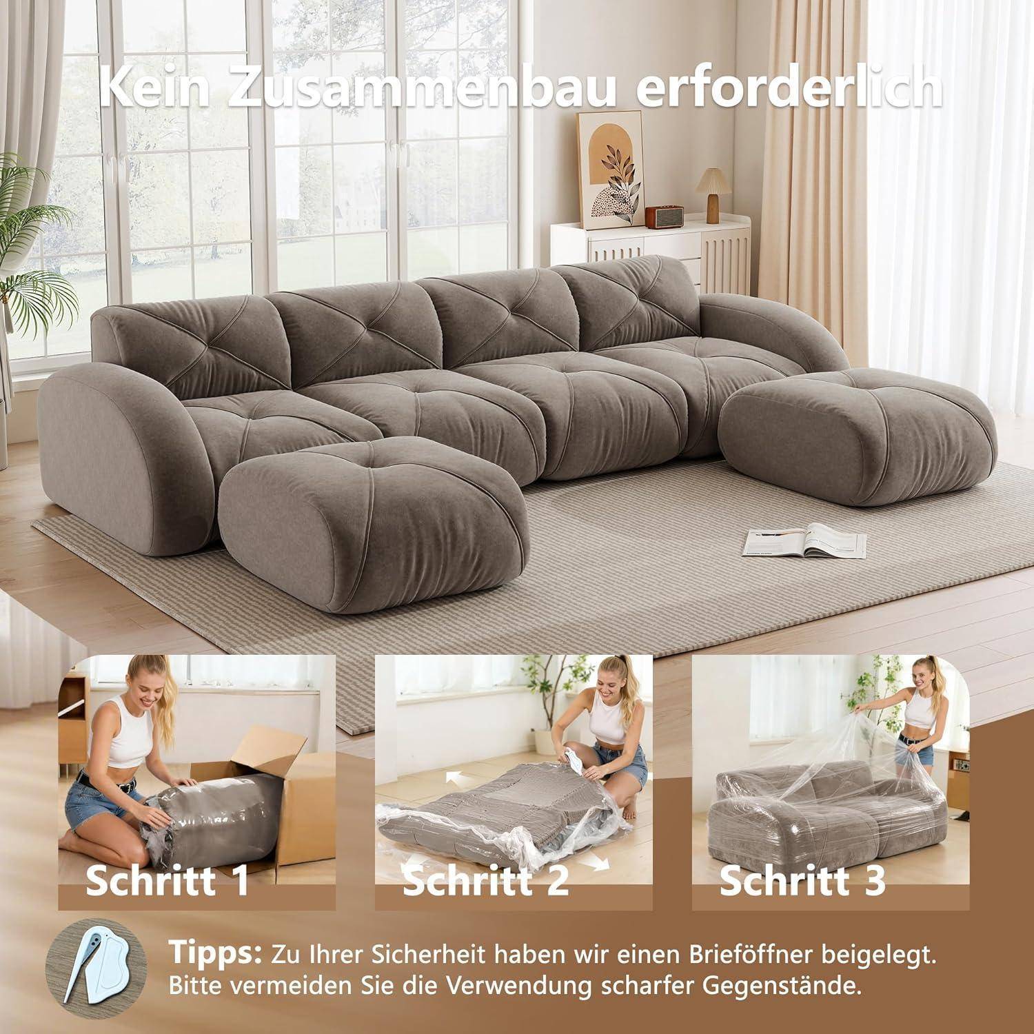 Taupecolored, modular-looking sofa with chaise lounge in the living room; at the top it says 'No Assembly Required', and at the bottom three images show simple unboxing assembly with 'Step 1–3'.