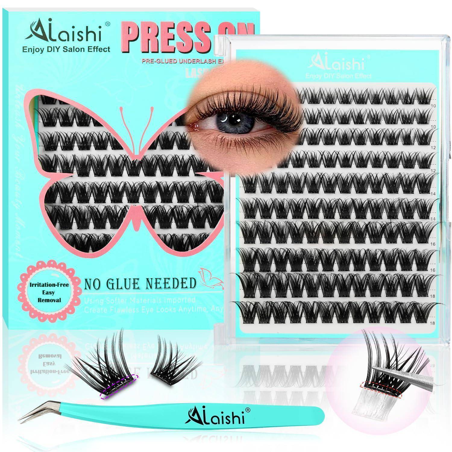 Packung mit vorgelatschten künstlichen Wimpern mit 'PRESS ON', einem schmetterlingsförmigen Wimpern-Tablett, Wimpern-Etui, Applikator-Pinzette und einer Augenmakeup-Probe.