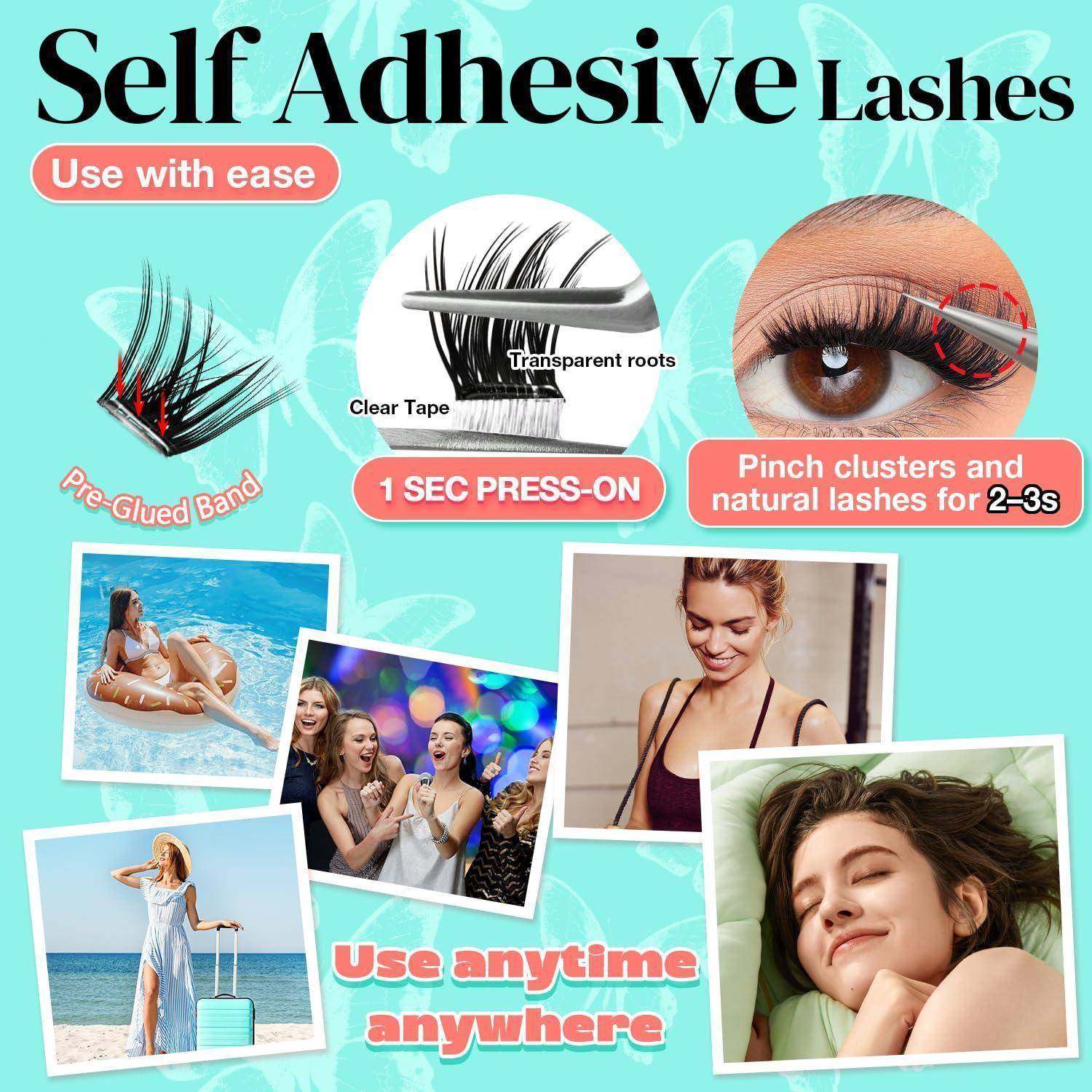 No Glue Needed Wimpern, Selbstklebende Eyelashes, 100 Stück DIY Lash Extensions Kit 10-18mm, Fluffy D Curl mit Pinzette – 1 Sekunde Applikation Glu