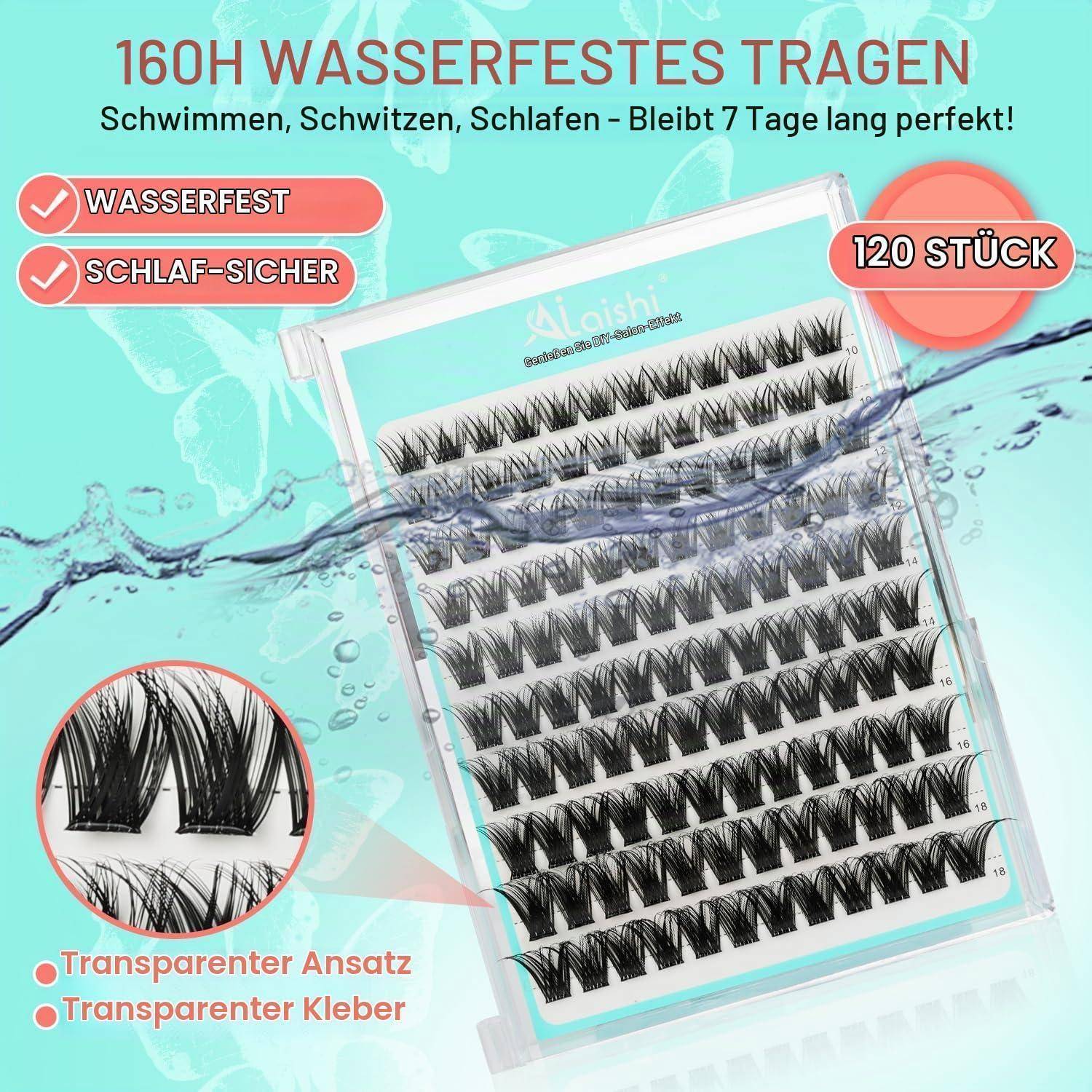 Werbebild von 120 wasserdichten Kunstwimpern in einem durchsichtigen Behältnis, mit deutschem Text, der 160 Stunden wasserdichten Tragekomfort und schlaffreundliche Bequemlichkeit bewirbt.