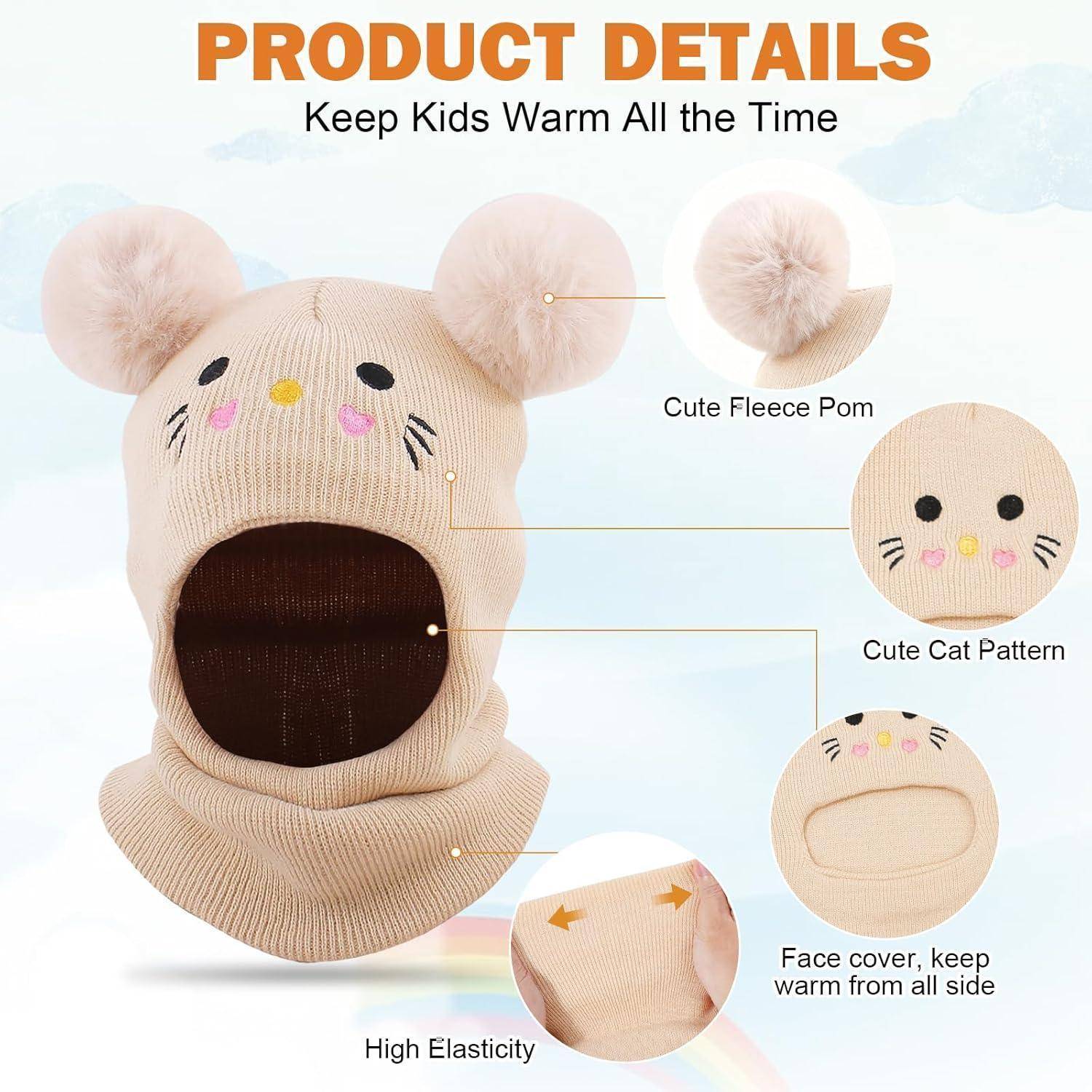 Produktdetailbild eines beigen Kinder-Winterhuts und einer Gesichtsmaske mit Katzenggesichtdesign, flauschigen Bommelaufsätzen und dem Text „Keep Kids Warm All the Time