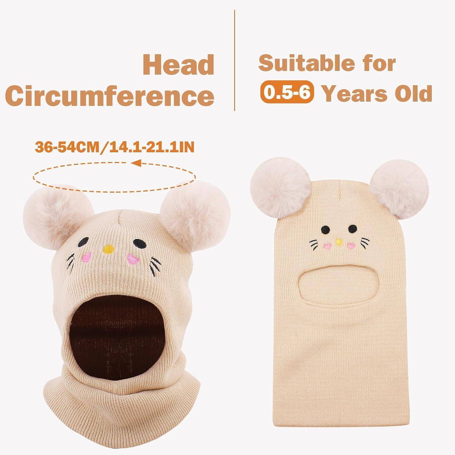 Produktbild einer beigen Kindermütze mit Bärenohren, die den Kopfumfang 36-54 cm zeigt und für Alter 0,5-6 Jahre geeignet ist.