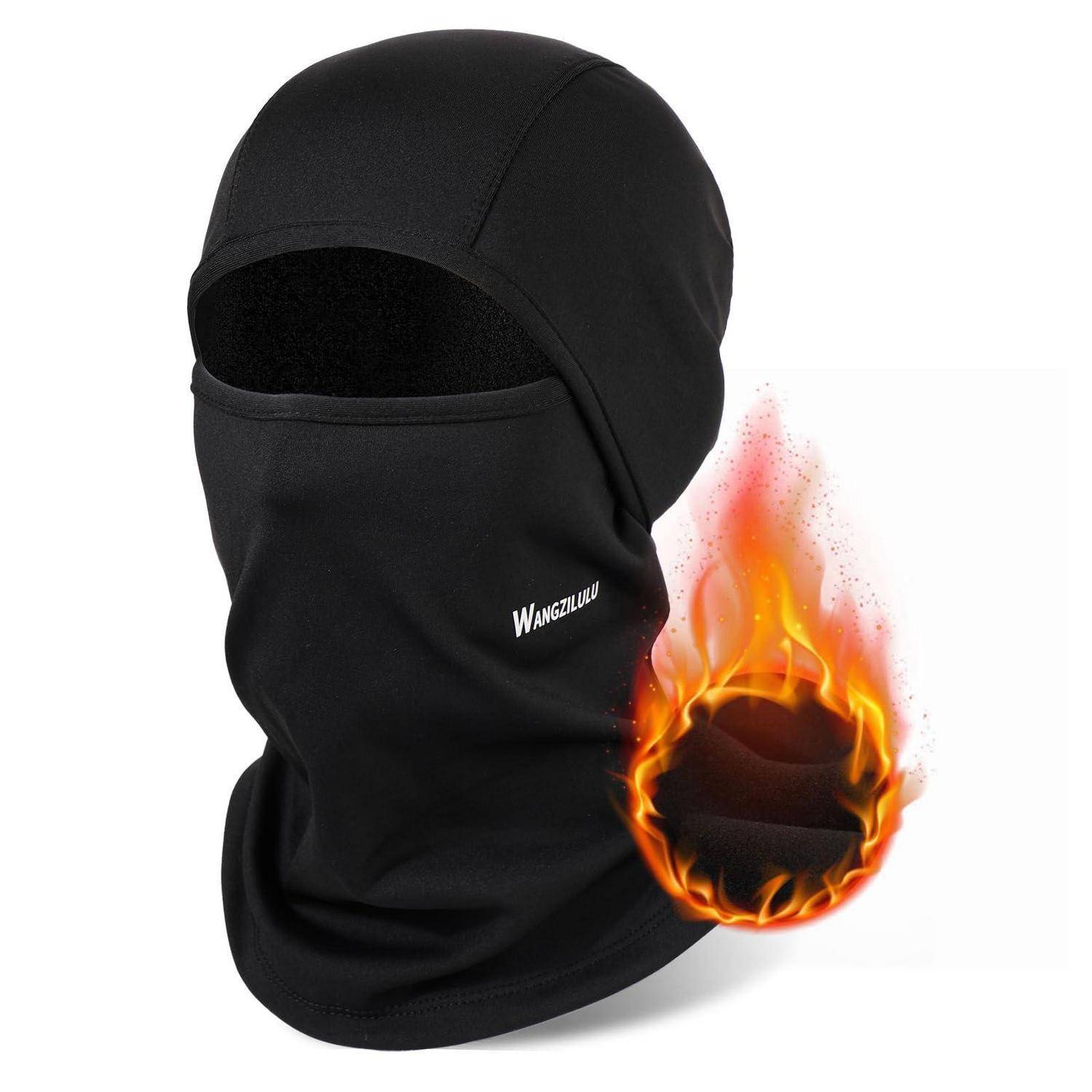 Schwarze Ganzkopf-Balaclava-Haube mit Augenlöffnung, dargestellt mit einer Flammen-Grafik, die Feuerbeständigkeit andeutet.