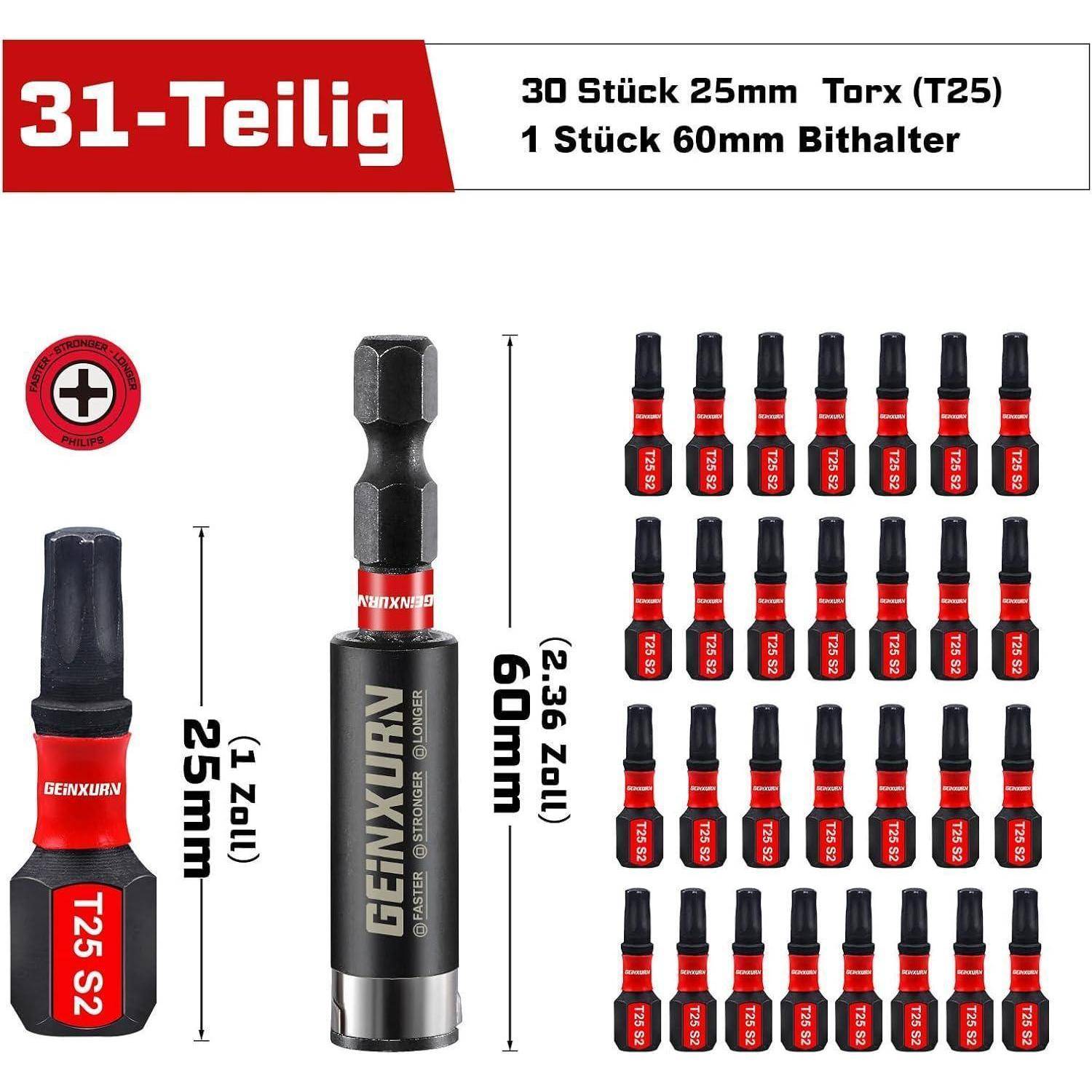 Produktdiagramm eines 31-teiligen Torx-Bitsets: 30 x 25mm T25-Bits und 1 x 60mm Bithalter, mit Größenkennzeichnungen und Bitstückzahl angegeben.