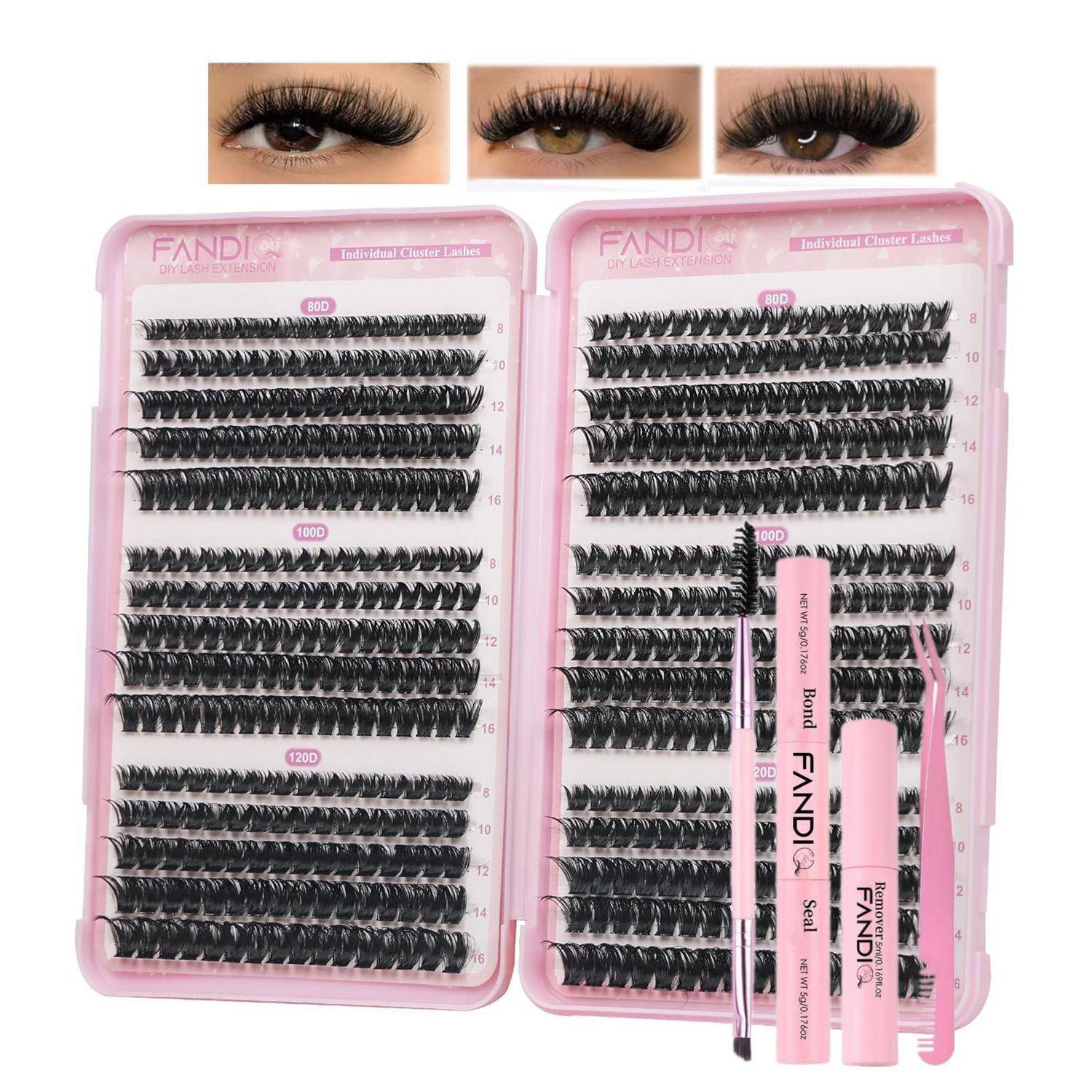 Rosa Wimpernverlängerungs-Set mit zwei Organizer-Boxen, verschiedenen Wimpernablage-Tablettsund Werkzeugen; oben sind drei Nahaufnahmen von Augen zu sehen.