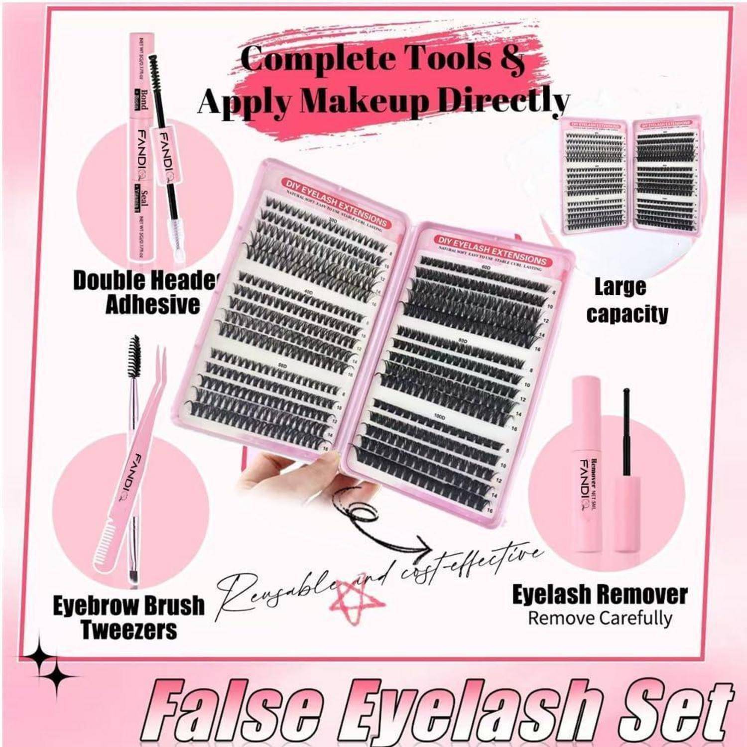 Rosa falscher Wimpernset mit Verlängerungstabletts und Applikator-Werkzeugen; Text hebt „Komplette Werkzeuge & Makeup direkt auftragen