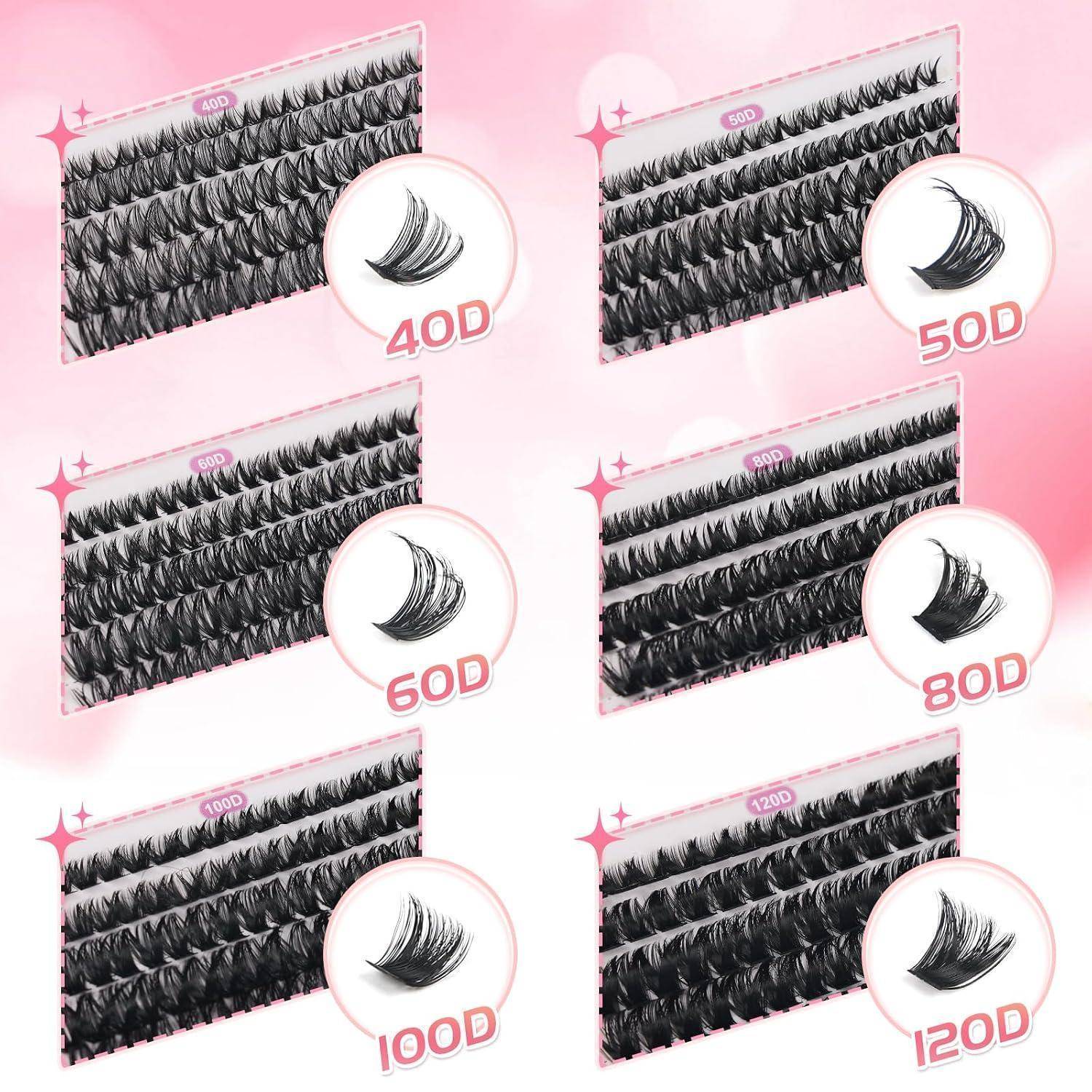 Collage aus sechs schwarzen Tablett mit falschen Wimpern mit den Bezeichnungen 40D, 50D, 60D, 80D, 100D und 120D auf rosa Hintergrund.