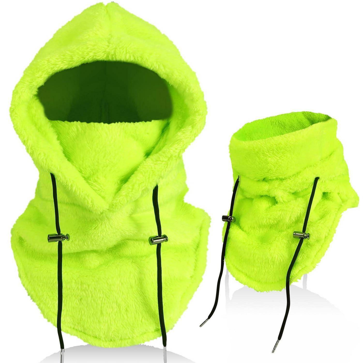 Leuchtend neongrüner flauschiger Kapuzen-Haustierpullover mit schwarzen Zugbändern, von vorne und von der Seite auf weißem Hintergrund gezeigt.