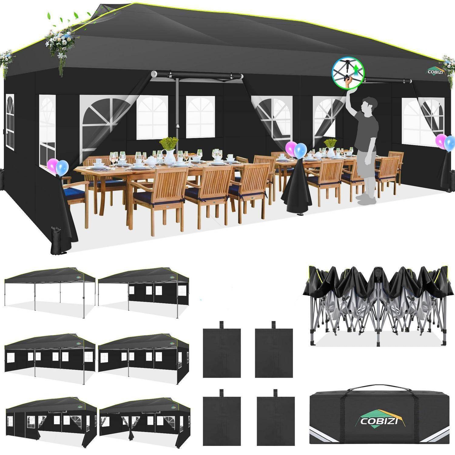 Schwarzes Pop-up-Event-Zelt, das zusammengebaut mit Tischen, Stühlen, Luftballons und einer hängenden Laterne gezeigt wird; kleinere Ansichten zeigen zusammengefaltete Zeltteile und eine mit „COBIZI