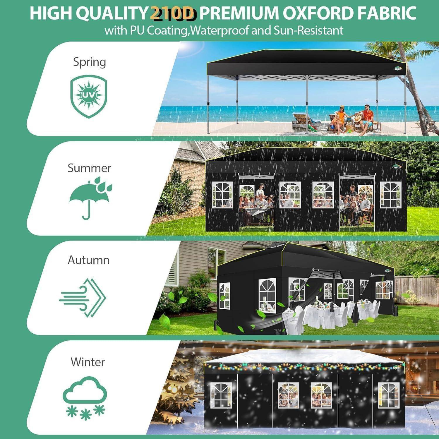 Werbegrafik für ein Vorzelt aus hochwertigem 210D Premium-Oxfordstoff mit PU-Beschichtung, wasserdicht und UV-beständig, mit Darstellung der Verwendung im Frühling, Sommer, Herbst und Winter.