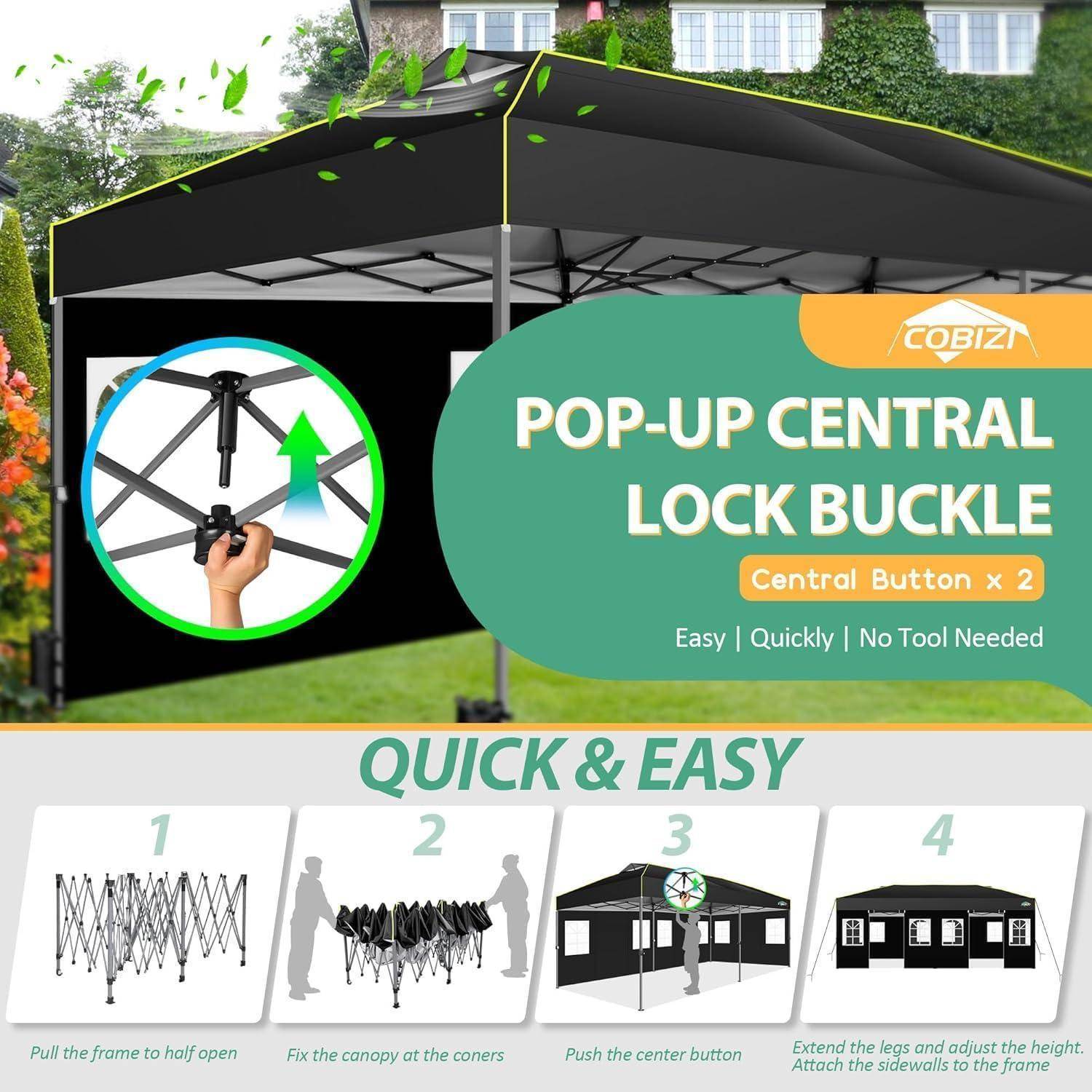 Werbe-Grafik für ein Pop-Up-Zelt mit einer zentralen Verriegelungsklemme, gekennzeichnet mit „POP-UP ZENTRALVERRIEGELUNG" und „SCHNELL & EINFACH"" mit vier Aufbauschritten.