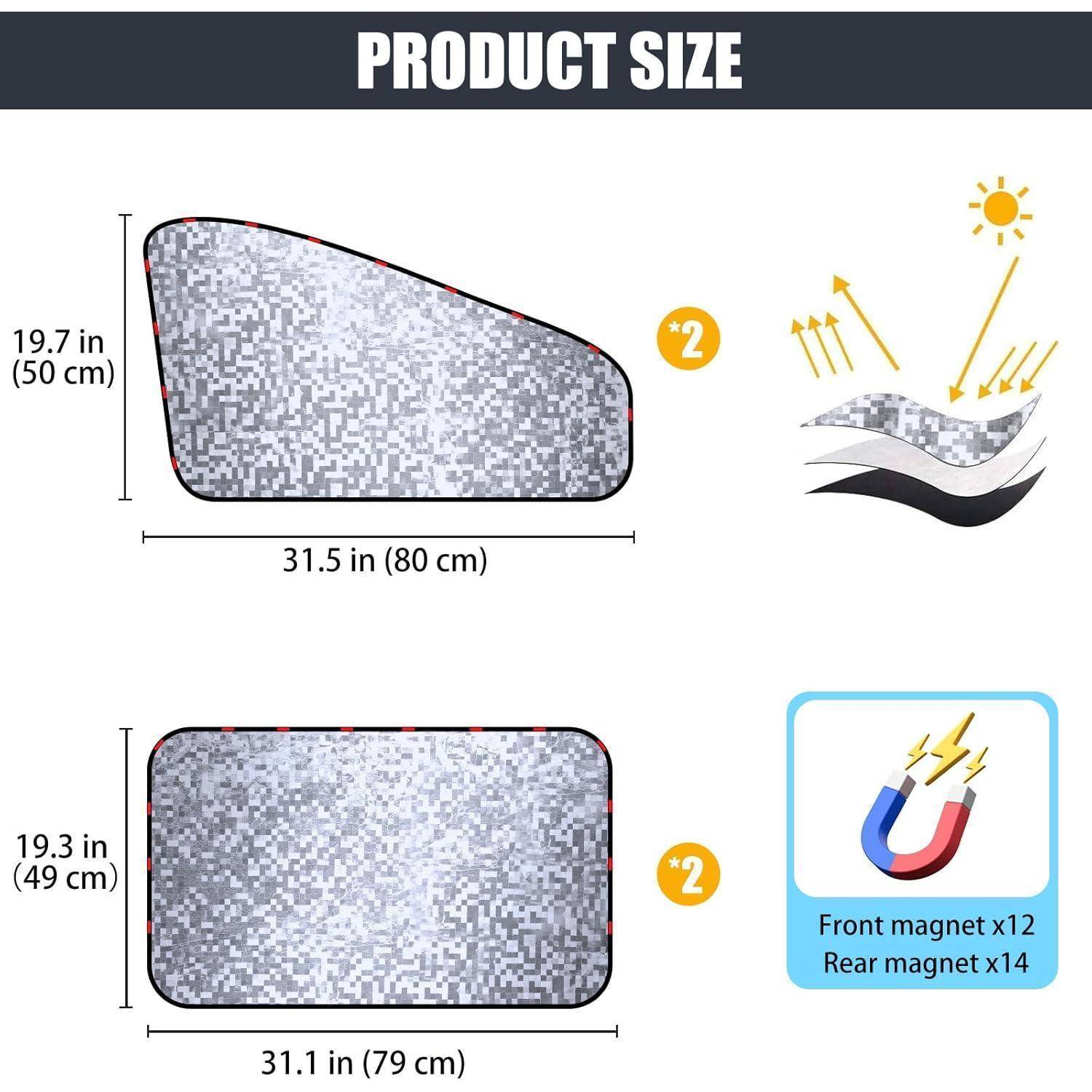 Produktgrößendiagramm mit zwei silbernen reflektierenden Matten: oben 31,5 x 19,7 Zoll (80 x 50 cm) und unten 31,1 x 19,3 Zoll (79 x 49 cm), mit Magnetanzahl und Sonnenwärmesymbol.