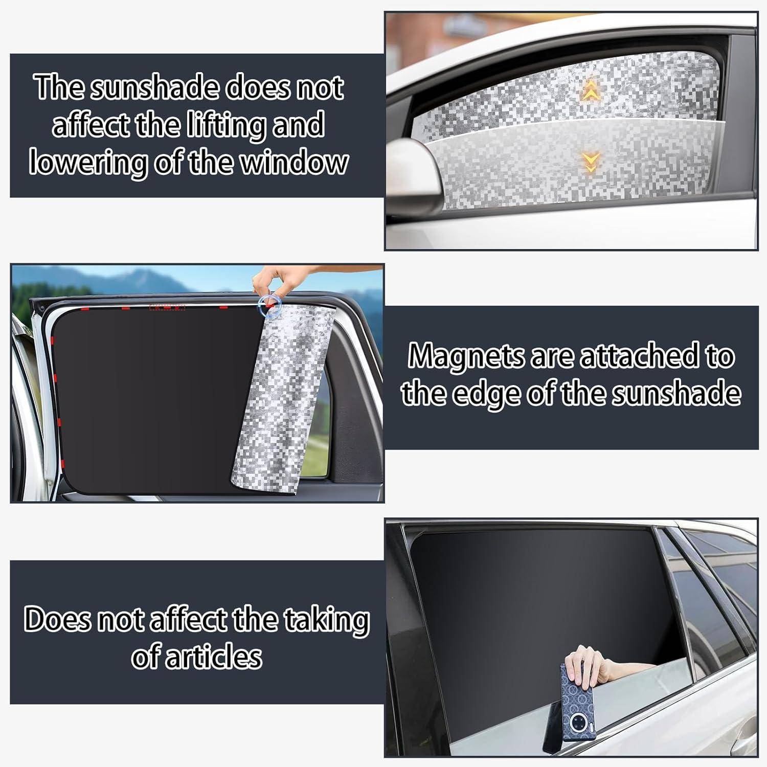 Dreiteilige Produktabbildung einer Autofenster-Sonnenschutzblende mit Text: „Die Sonnenschutzblende beeinträchtigt das Heben und Senken des Fensters nicht