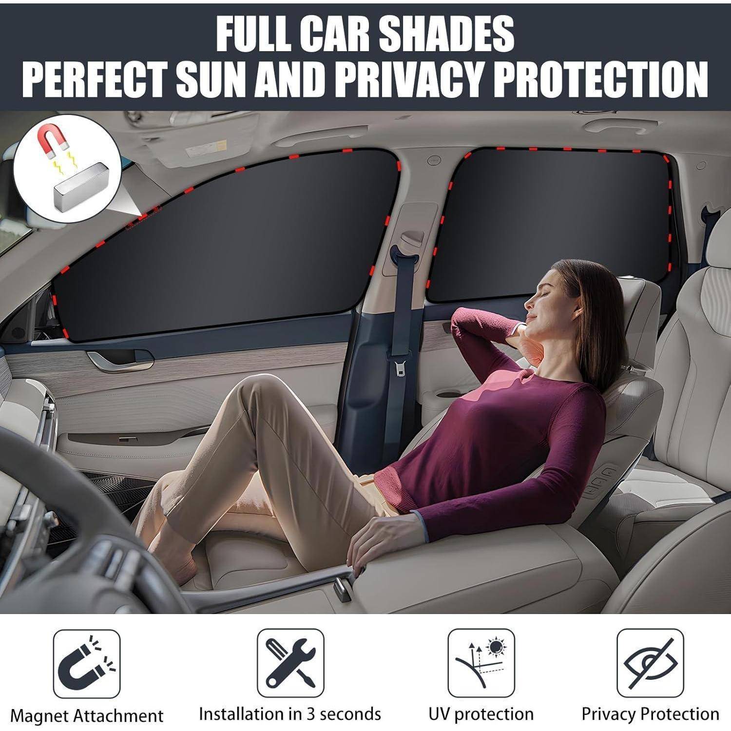 Anzeige mit vollständigen Sonnenschutzfolien für Sonne und Privatsphäre, mit einer Frau, die in einem Auto ruht, und Symbolen für Magnetbefestigung, schnelle Installation, UV- und Privatsphärenschutz.