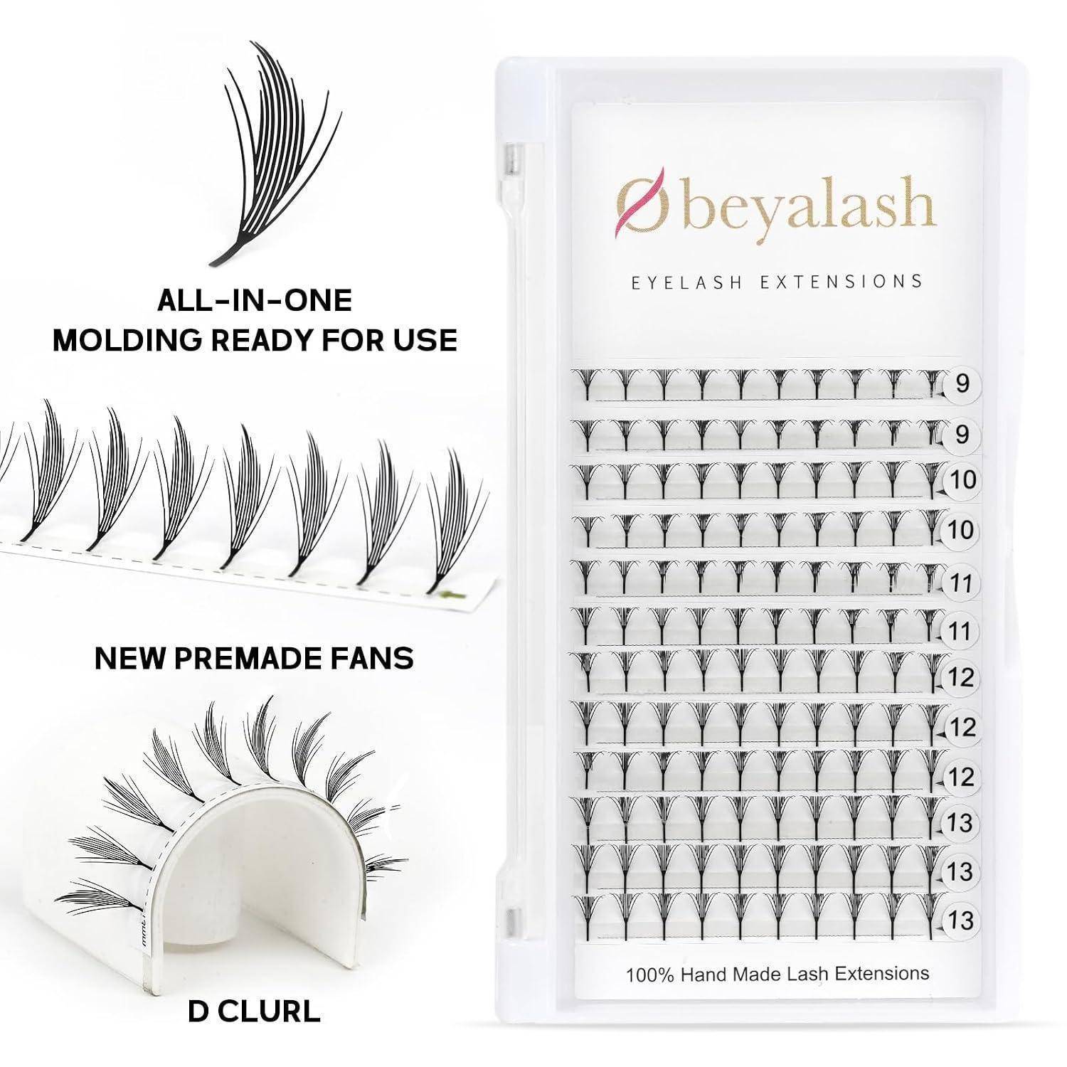 Produktanzeige für beyalash Wimpernverlängerungen mit All-in-One-Formung, gebrauchsfertige vorgefertigte Wimpernfächern in Längen 9-13.