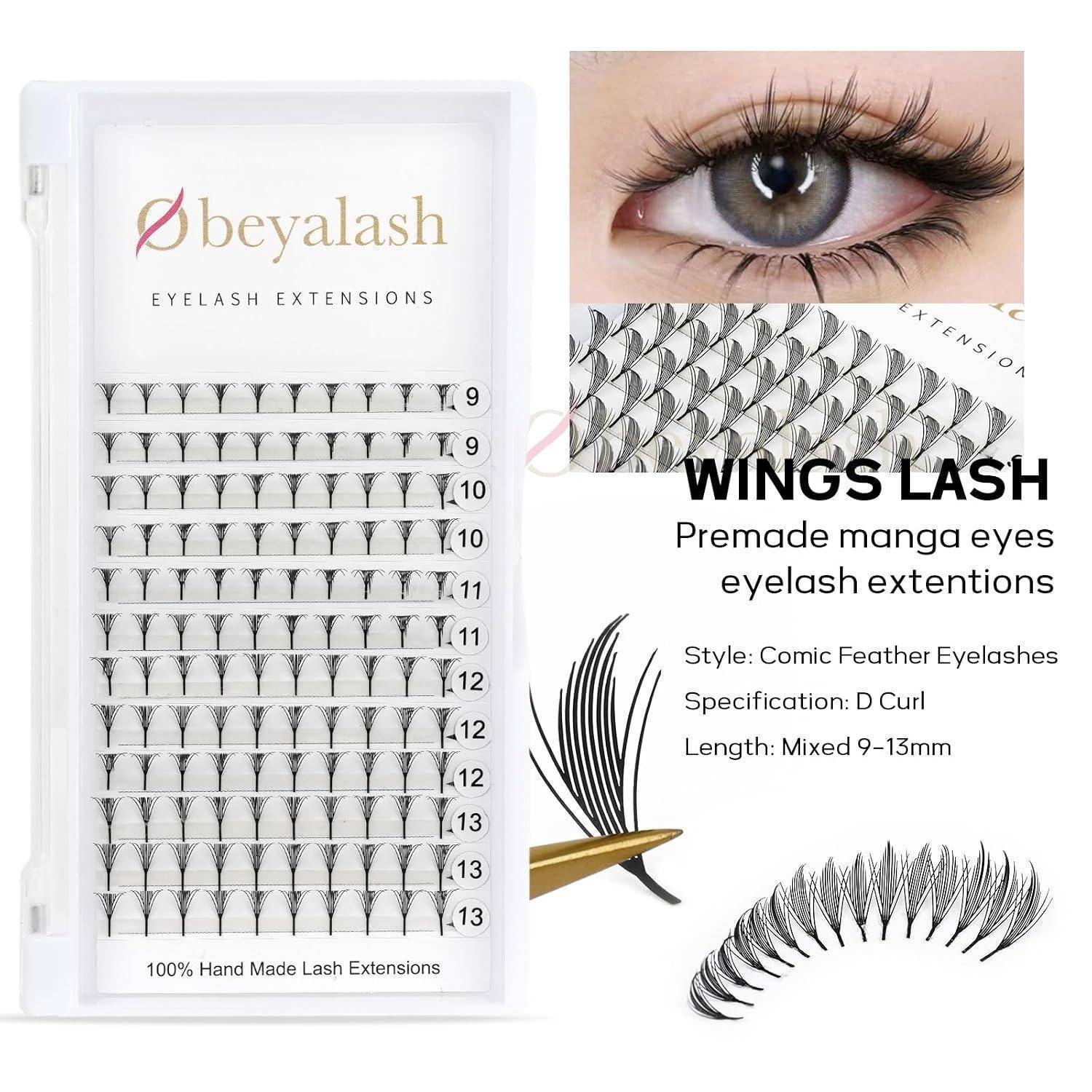 BeYalash 'WINGS LASH' vorgefertigte Manga-Wimpernverlängerungen Paket mit Wimpernschalen, einem Augenfoto und Produktdetails für D-Curl gemischt 9–13mm.