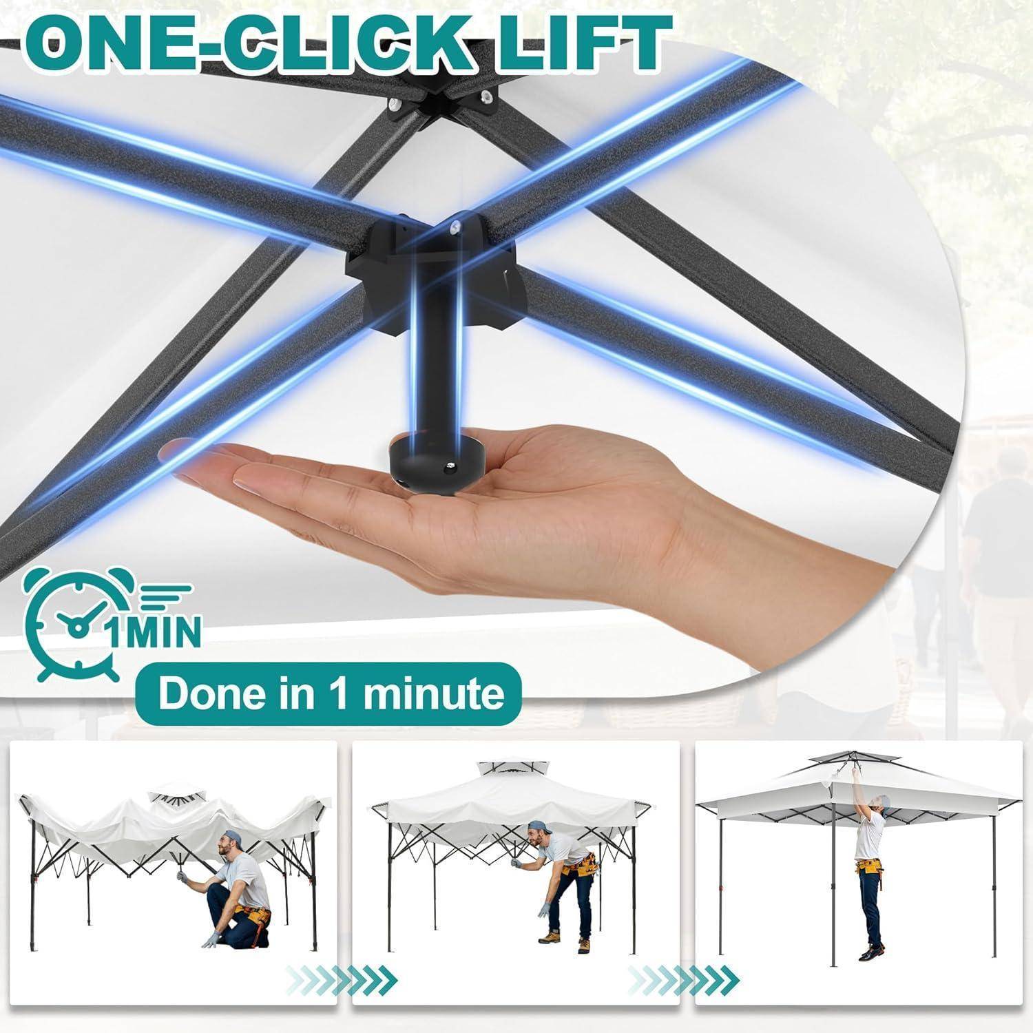 Werbebild mit einem "ONE-CLICK-LIFT""-Baldachin, bei dem eine Hand den Rahmen anhebt, gekennzeichnet mit ""1 MIN"" und ""In 1 Minute erledigt"", mit drei Montagesschritten darunter.