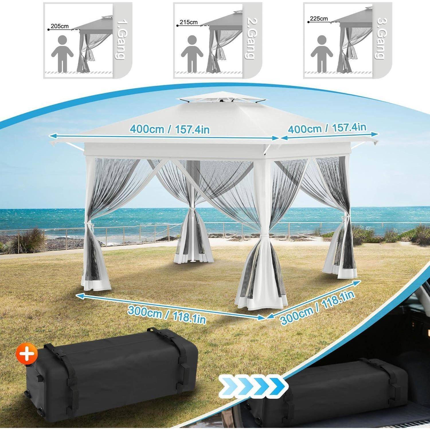 Outdoor-Pavillon mit Vorhängen, in drei Höheneinstellungen dargestellt, 400 cm mal 300 cm Grundfläche, und in einer Tragetasche auf Gras am Meer verpackt.