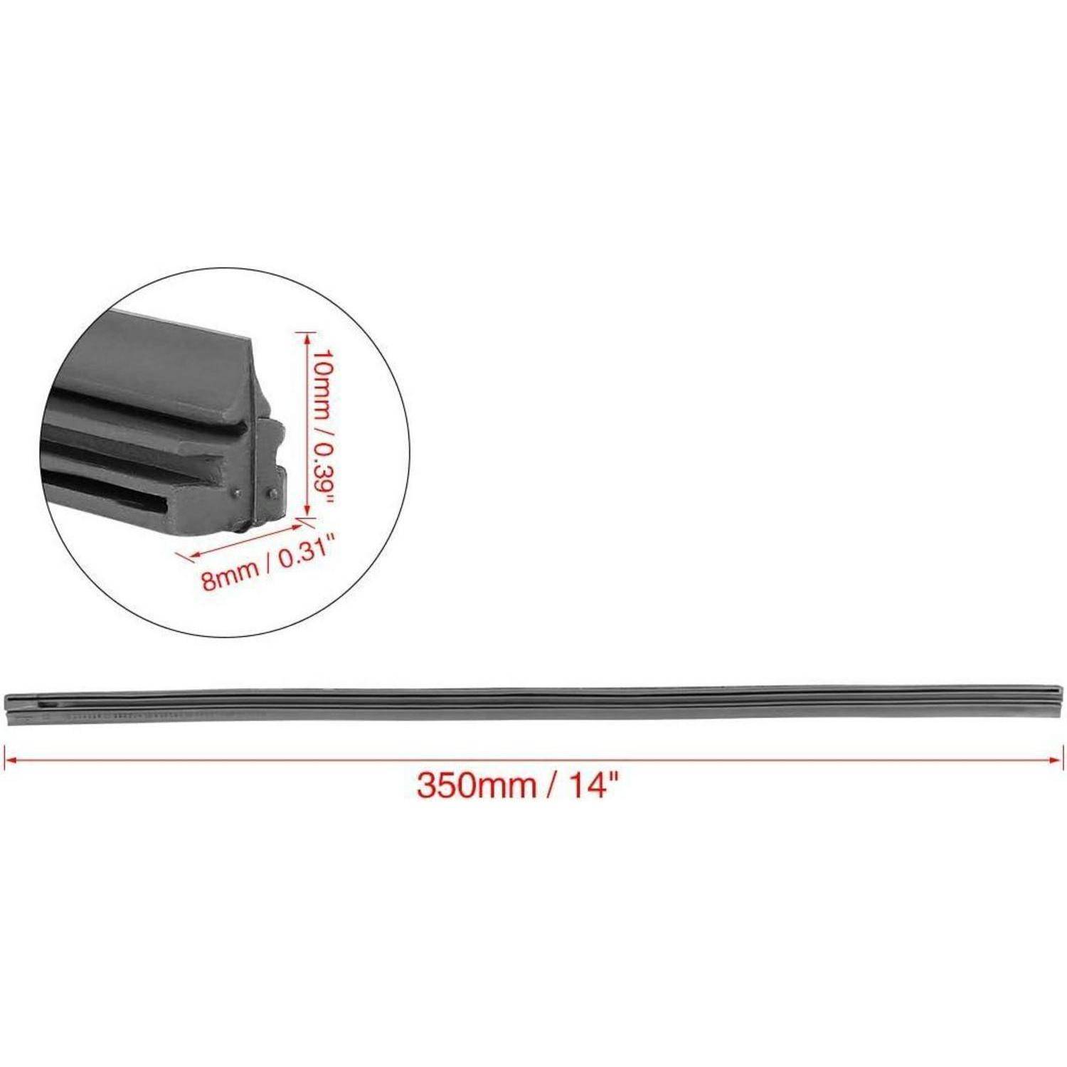 Produktgrößen-Diagramm eines schwarzen Wischblatts: 350 mm (14 Zoll) lang, mit einer Nahaufnahme, die Profilabmessungen von 10 mm x 8 mm zeigt.