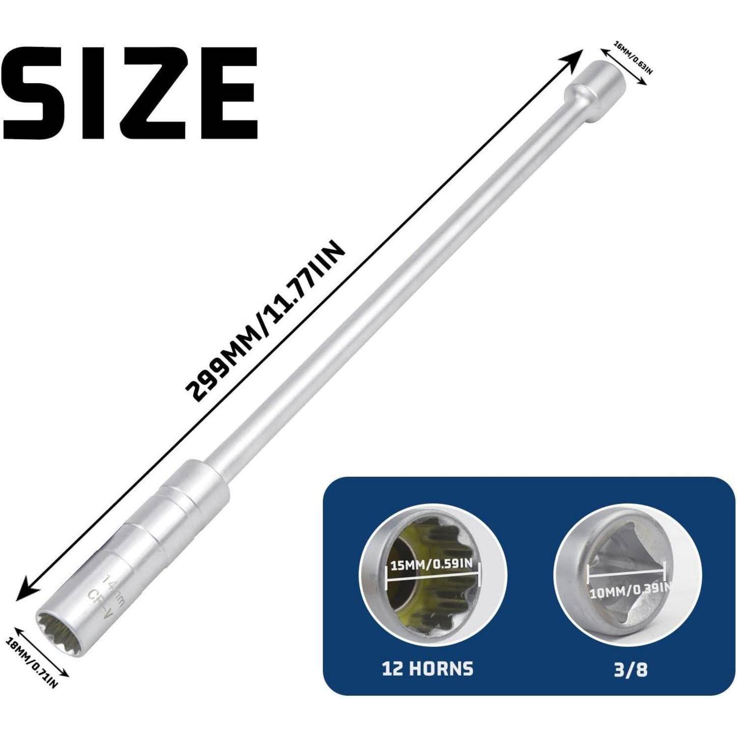 Größendiagramm einer silbernen Rohrnuss: 299mm/11,77 Zoll lang, 15mm/0,59 Zoll Durchmesser, mit 12 Nockern und 3/8 Antrieb.