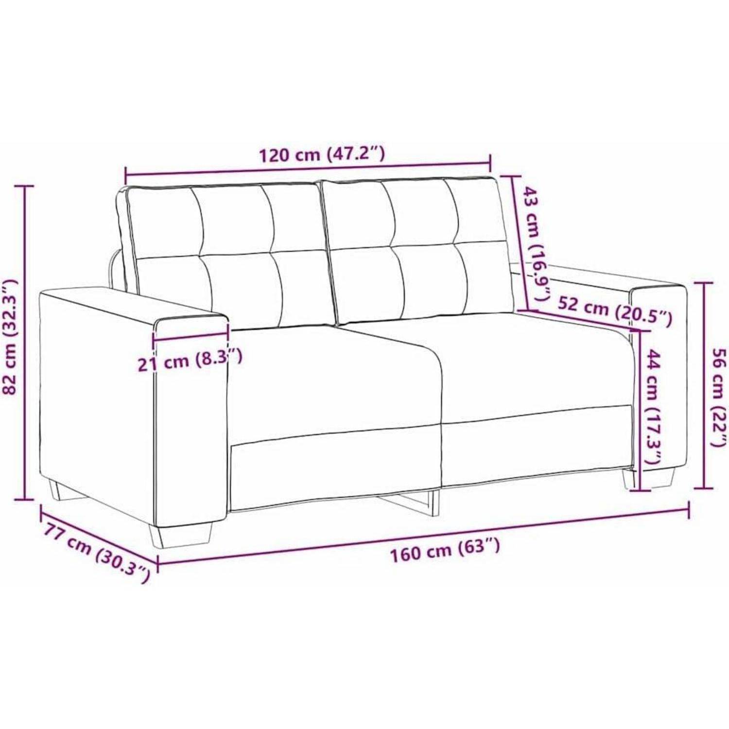 Diagramm eines Zweisitzer-Sofas mit Maßen: 160 cm breit, 77 cm tief, 82 cm hoch; Sitzfläche 44 cm hoch, Armlehne 21 cm, Rückenlehne 43 cm, innere Breite 120 cm.