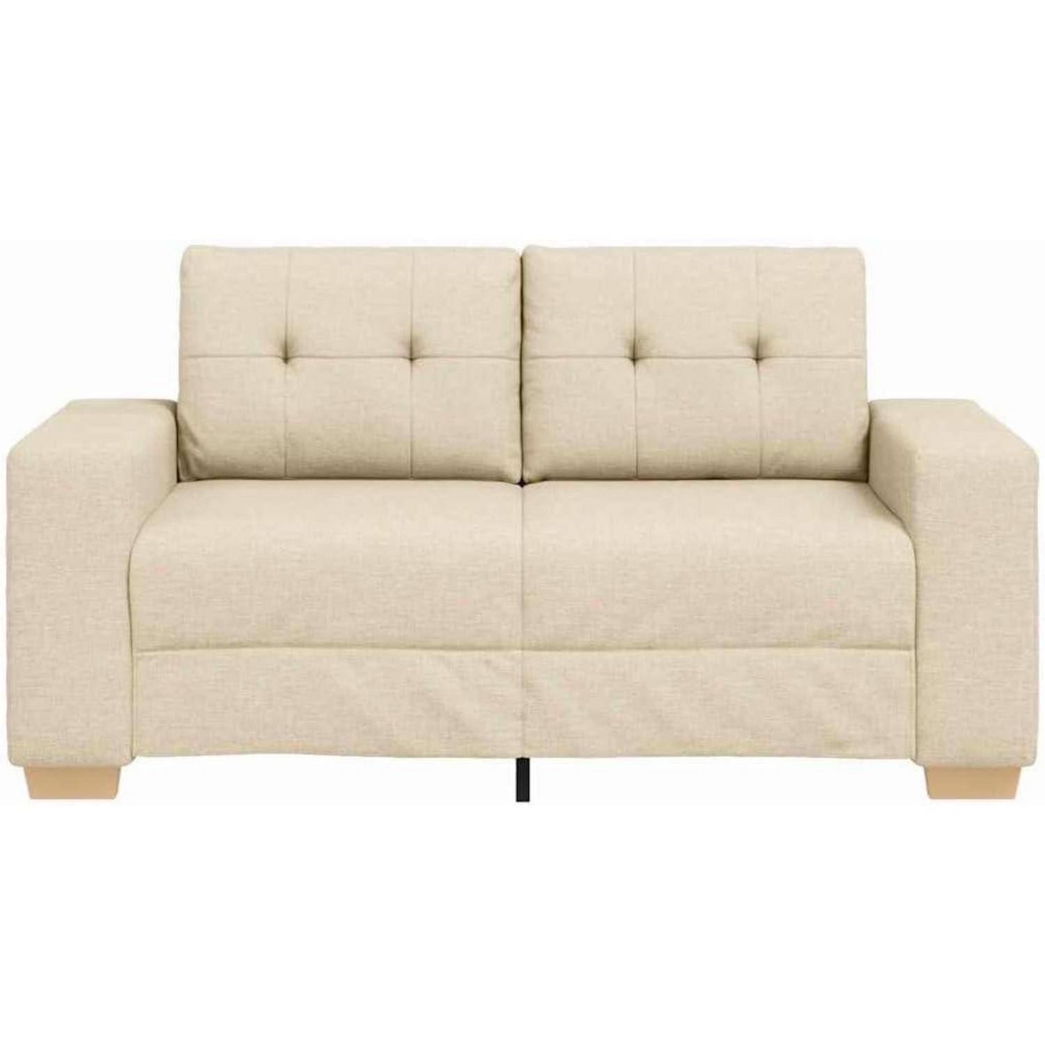 Beige, zweisitziges Polstersofa mit gesteppten Rückenkissen, quadratischen Armlehnen und Holzfüßen auf weißem Hintergrund.