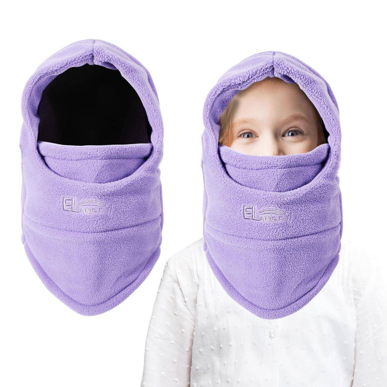 Zwei violette Fleece-Sturmhauben-Gesichtsmasken in Vorderansicht, eine leer und eine von einem Kind getragen, das nur die Augen zeigt.