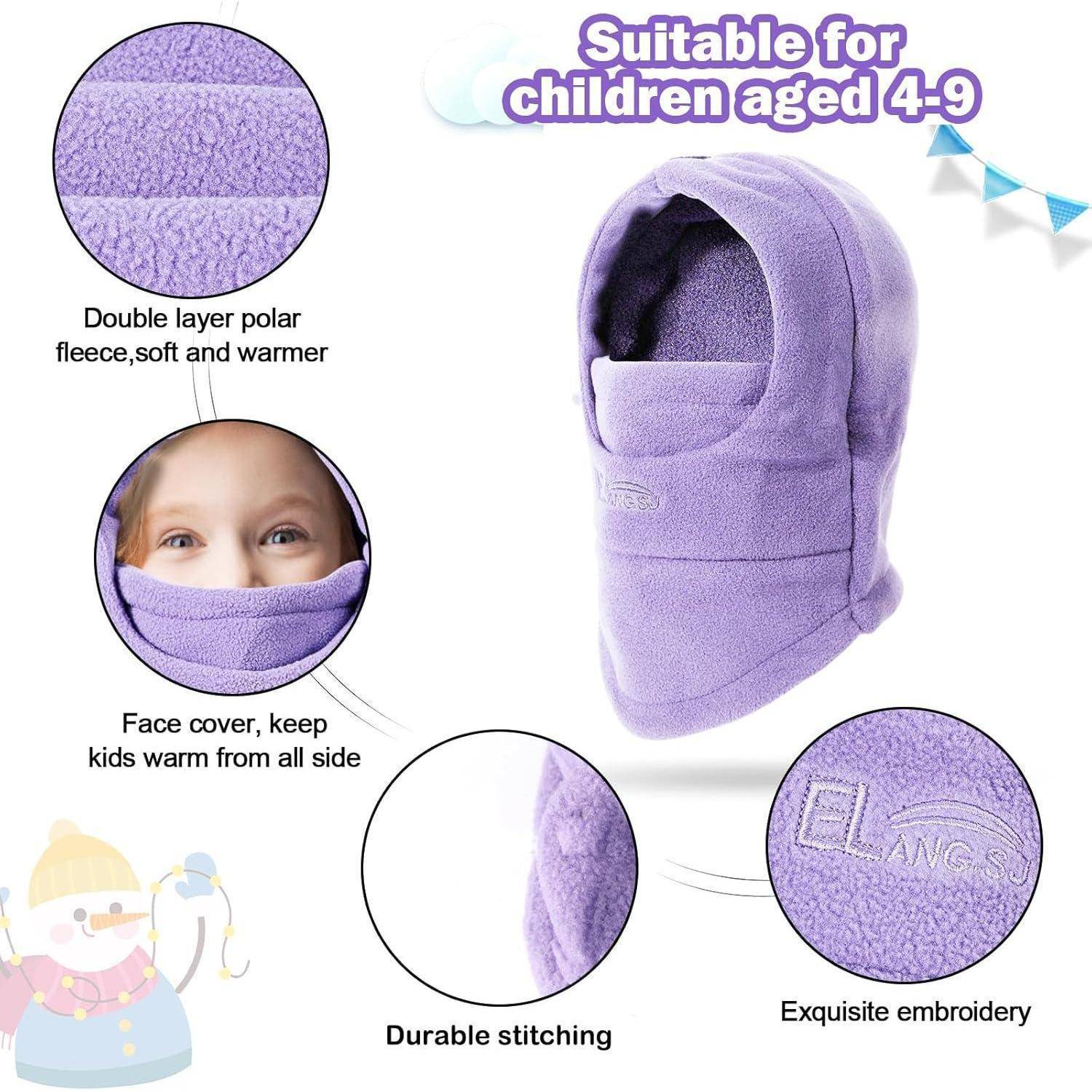 Violette Fleece-Sturmhaube für Kinder im Alter von 4-9 Jahren, mit Gesichtsabdeckung, doppellagiger Wärmung, strapazierfähiger Nähte und gesticktem Logo.