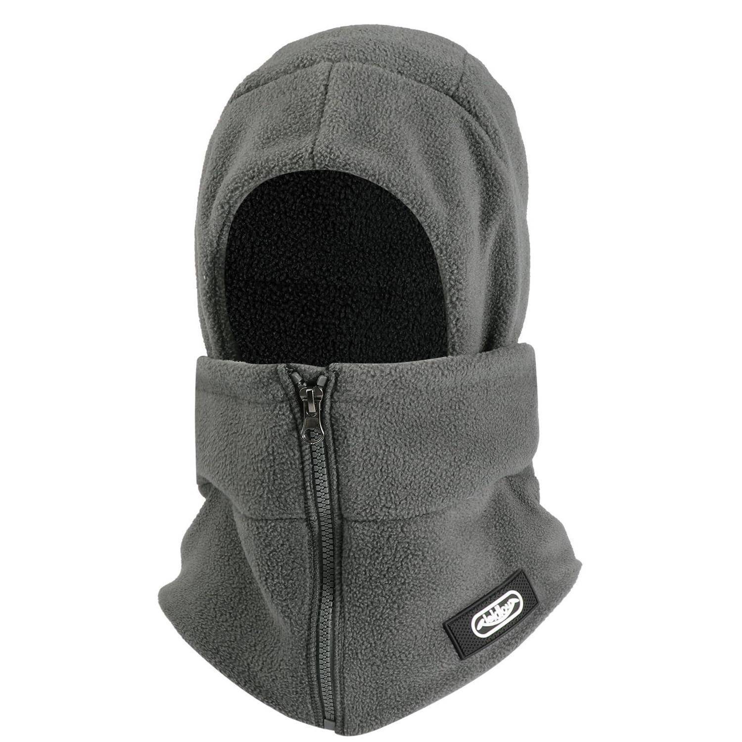 Grauer Fleece-Sturmhaube mit vollständiger Gesichtsöffnung, Frontschieber und kleinem Logo-Patch auf der Unterseite.