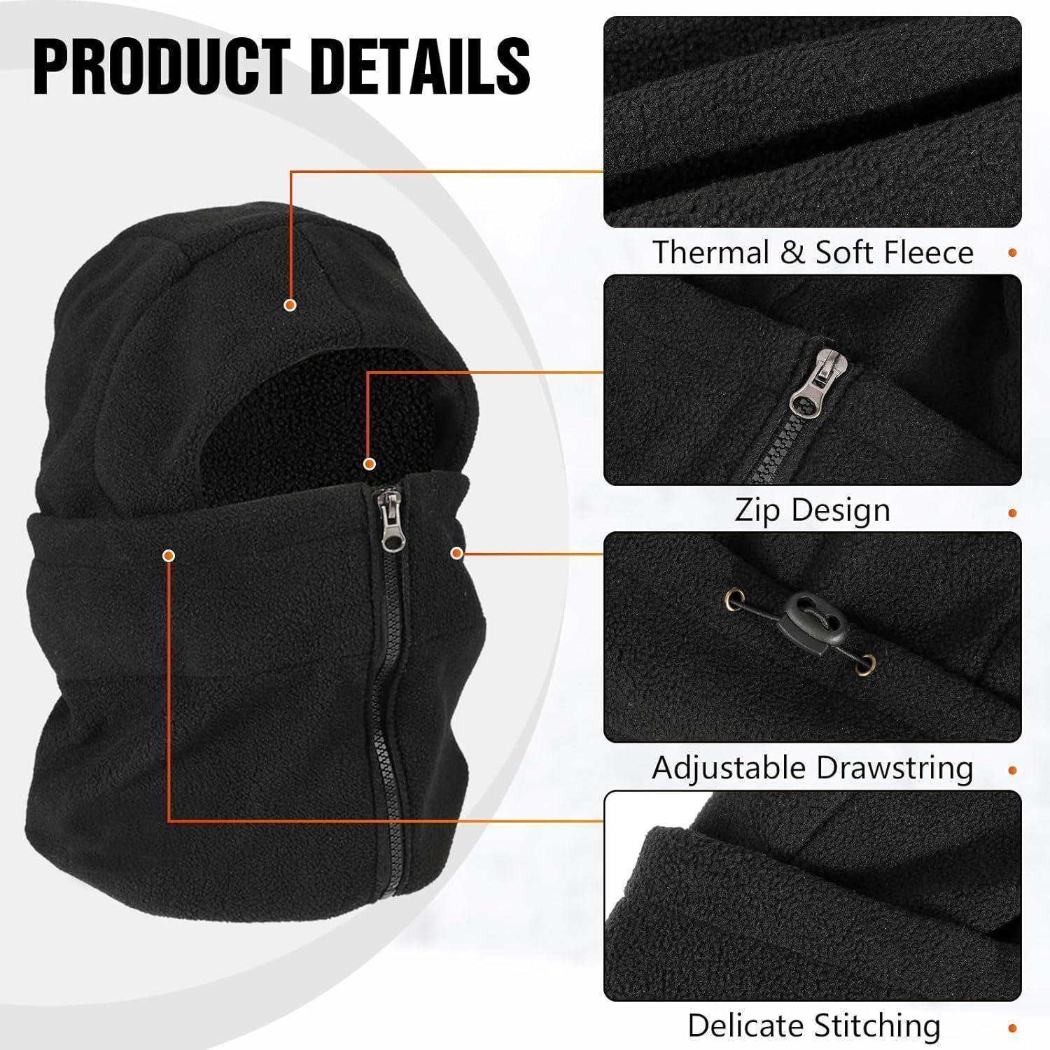 Produktdetails einer schwarzen Fleece-Sturmhaube mit thermisch wärmender Weichheit, Reißverschluss vorne, verstellbarer Zugschnur und feiner Näharbeit.